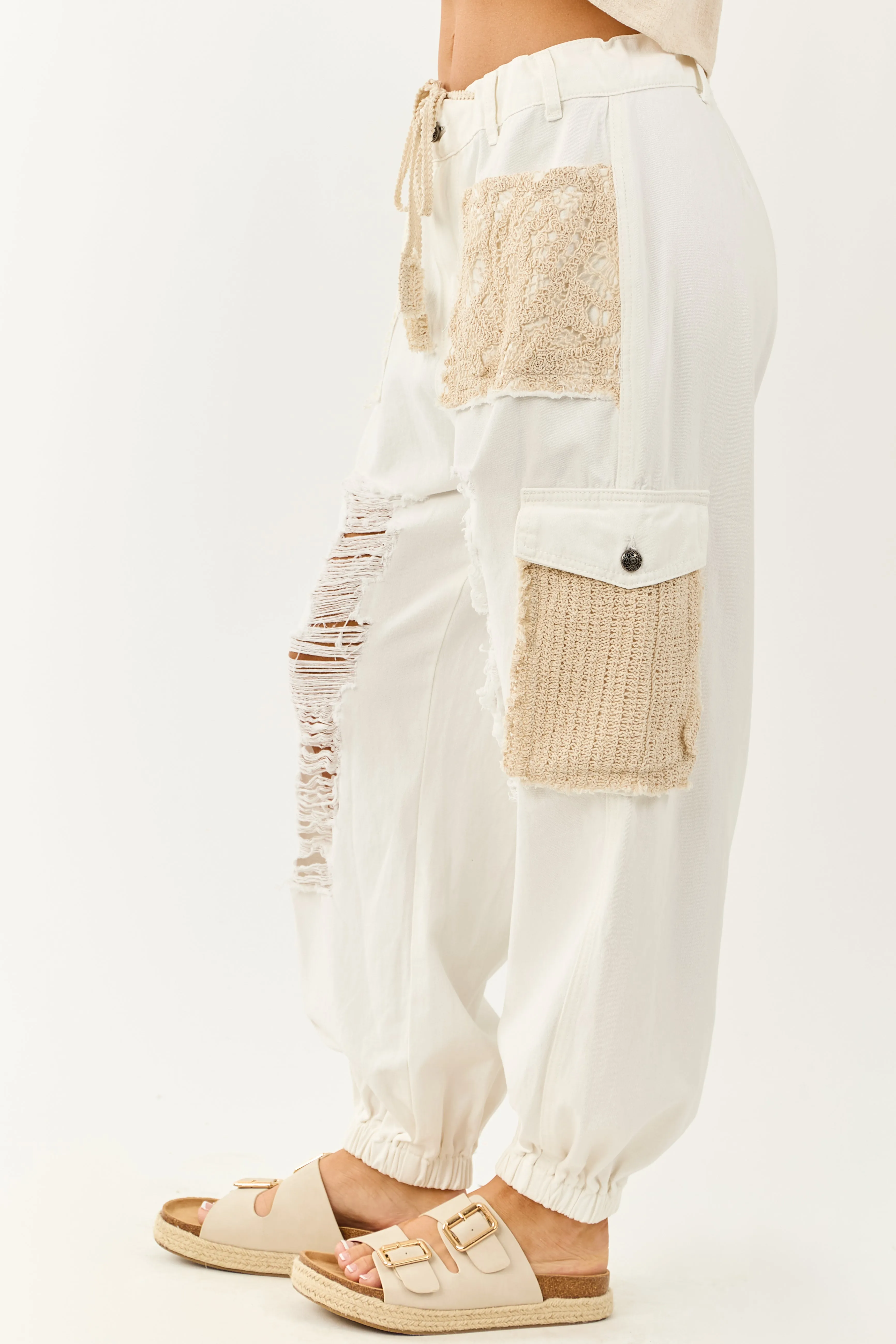 POL Off White Denim Patchwork Cargo Jogger Pants school outfit