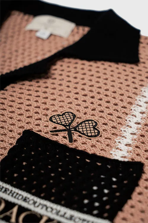Racket Club Crochet Knit Short-Sleeve Button-Up Shirt office essential