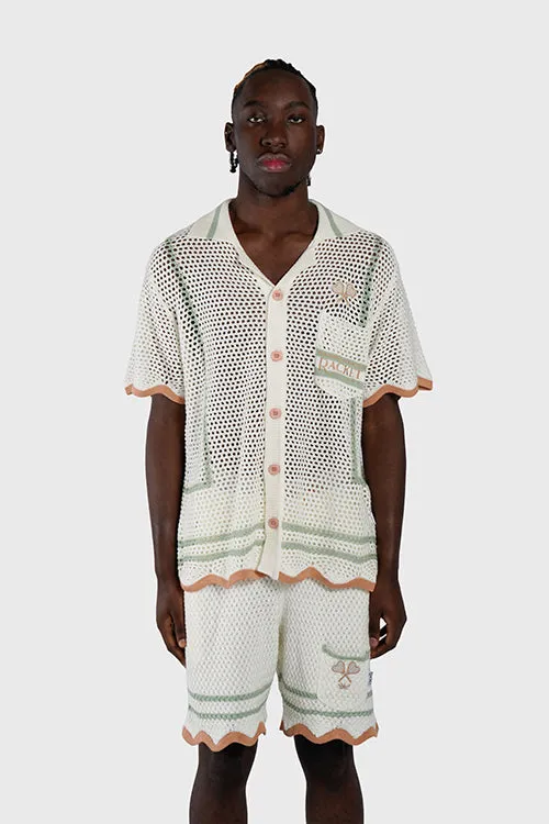 Racket Club Crochet Knit Short-Sleeve Button-Up Shirt party glam