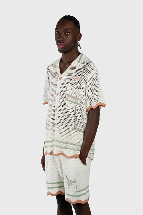 Racket Club Crochet Knit Short-Sleeve Button-Up Shirt party glam
