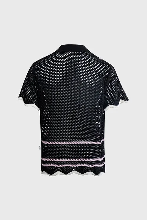 Racket Club Crochet Knit Short-Sleeve Button-Up Shirt street fashion