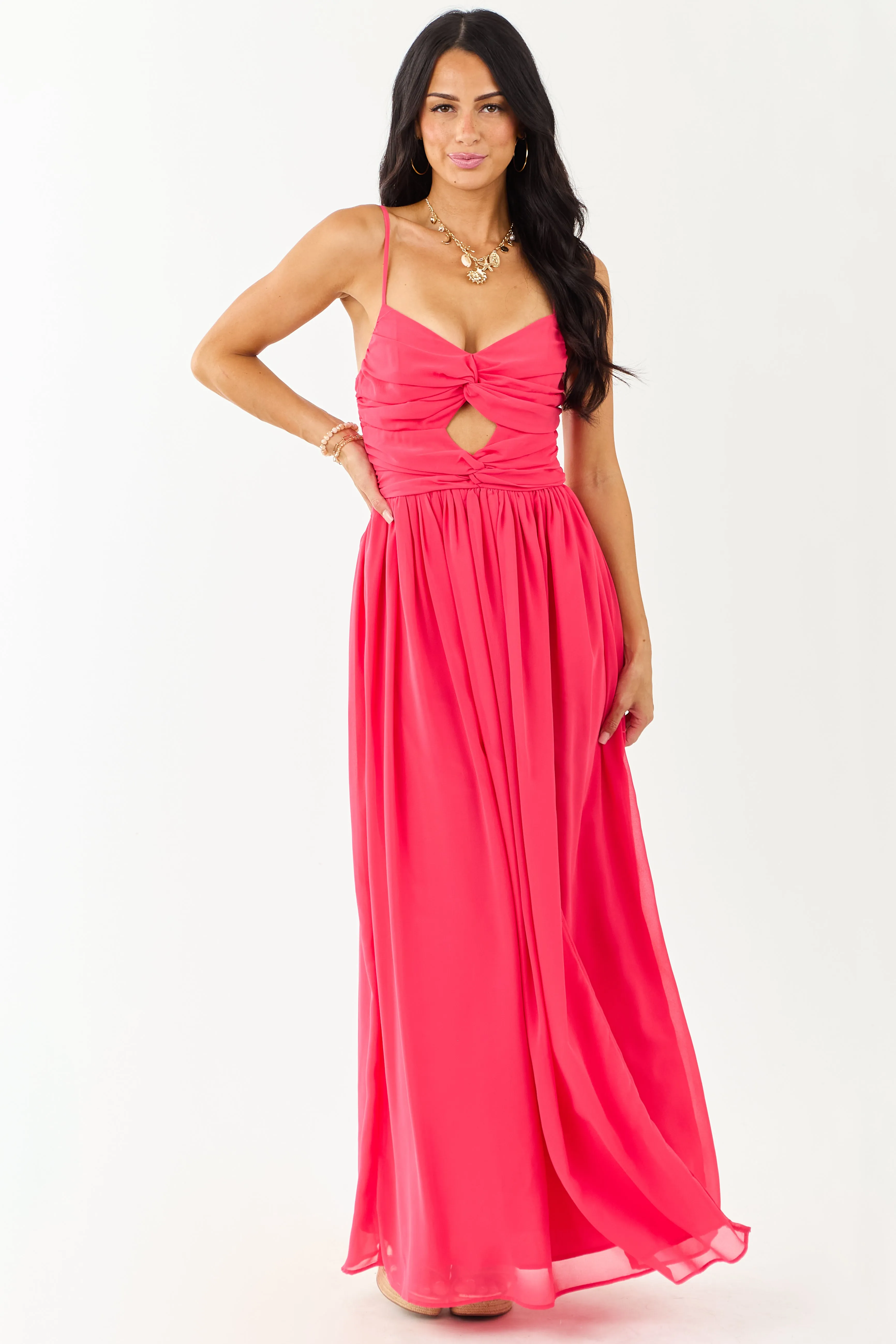 Raspberry Flowy Chiffon Front Twist Maxi Dress polka dot
