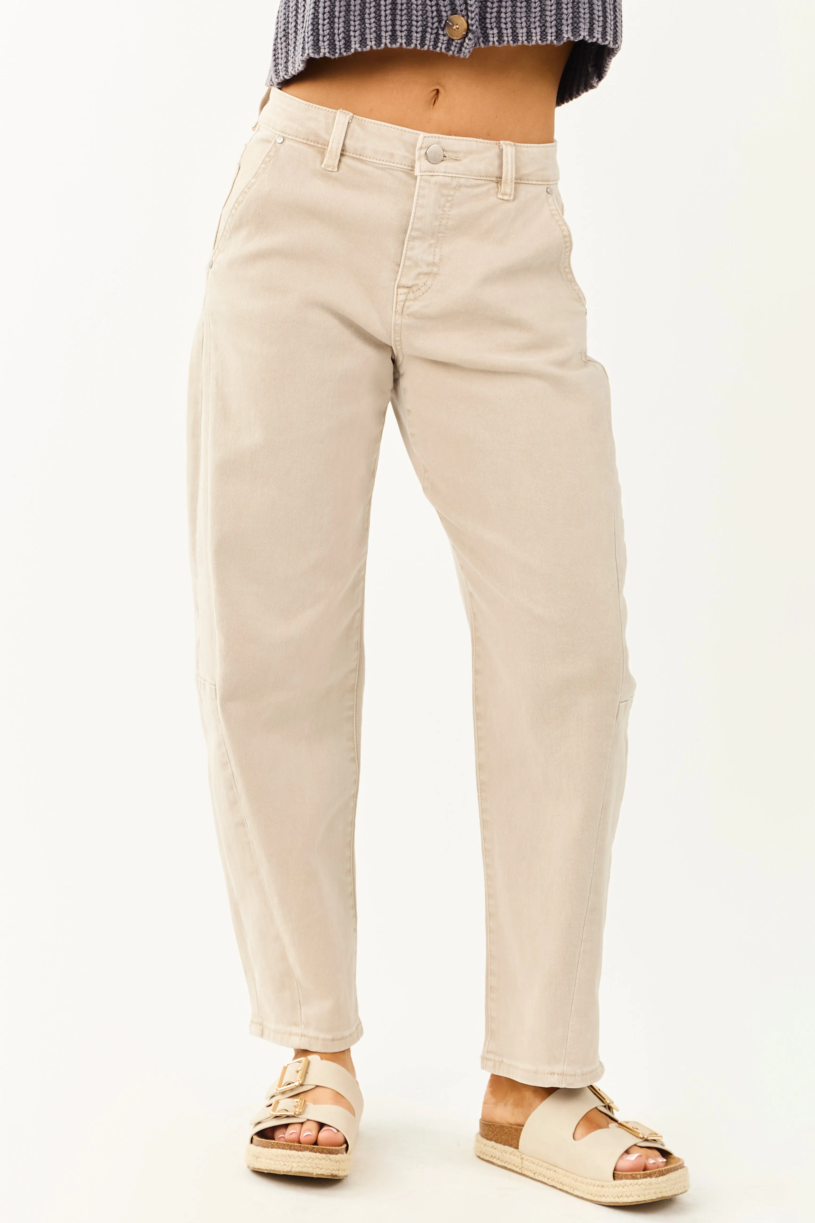 Risen Almond High Rise Cuffed Stretchy Barrel Jeans photo helper