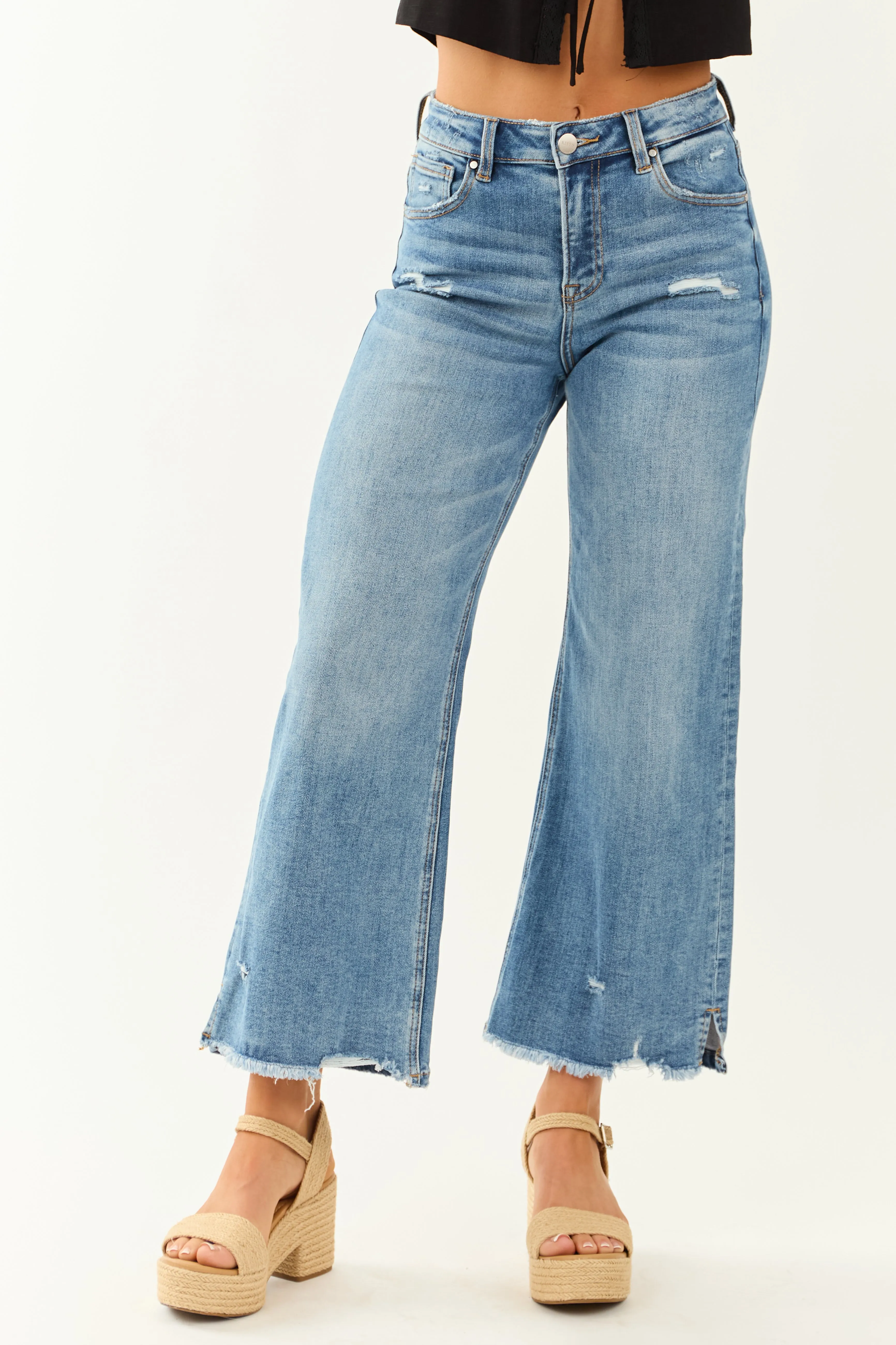 Risen Cropped Frayed Slit Hem Stretchy Wide Jeans look focus