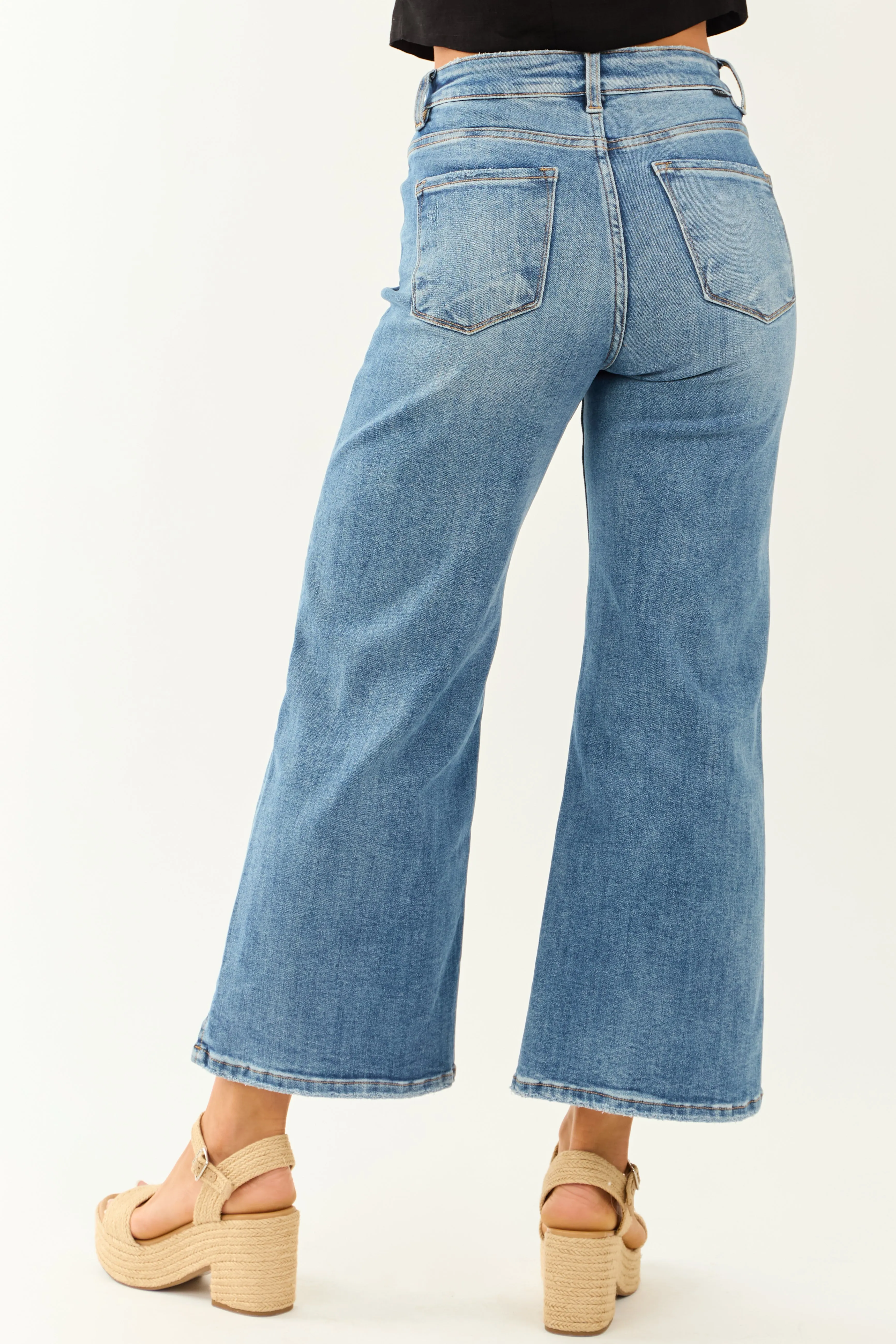 Risen Cropped Frayed Slit Hem Stretchy Wide Jeans look focus