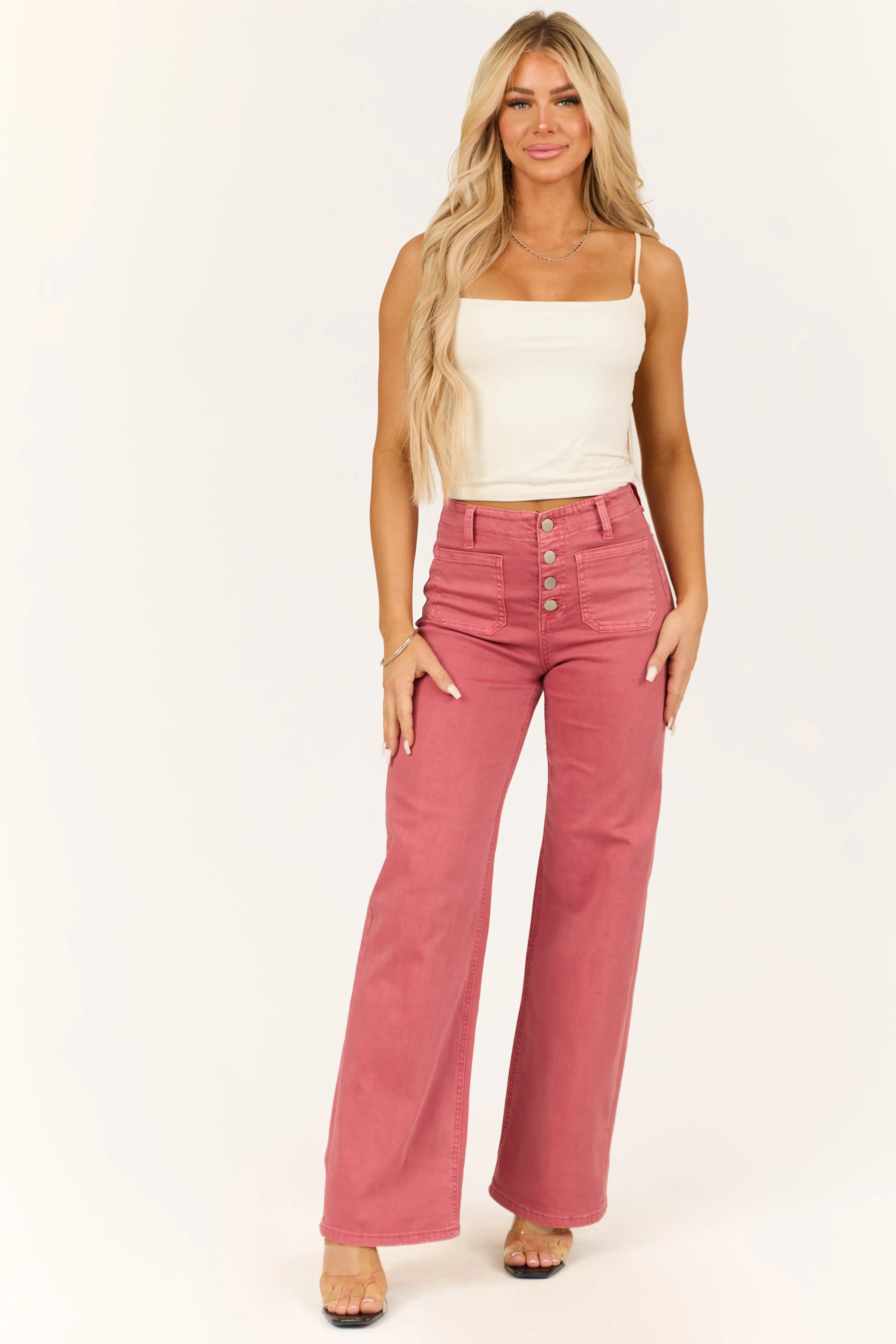 Risen Dark Coral Patch Pocket Wide Leg Jeans wrinkle free