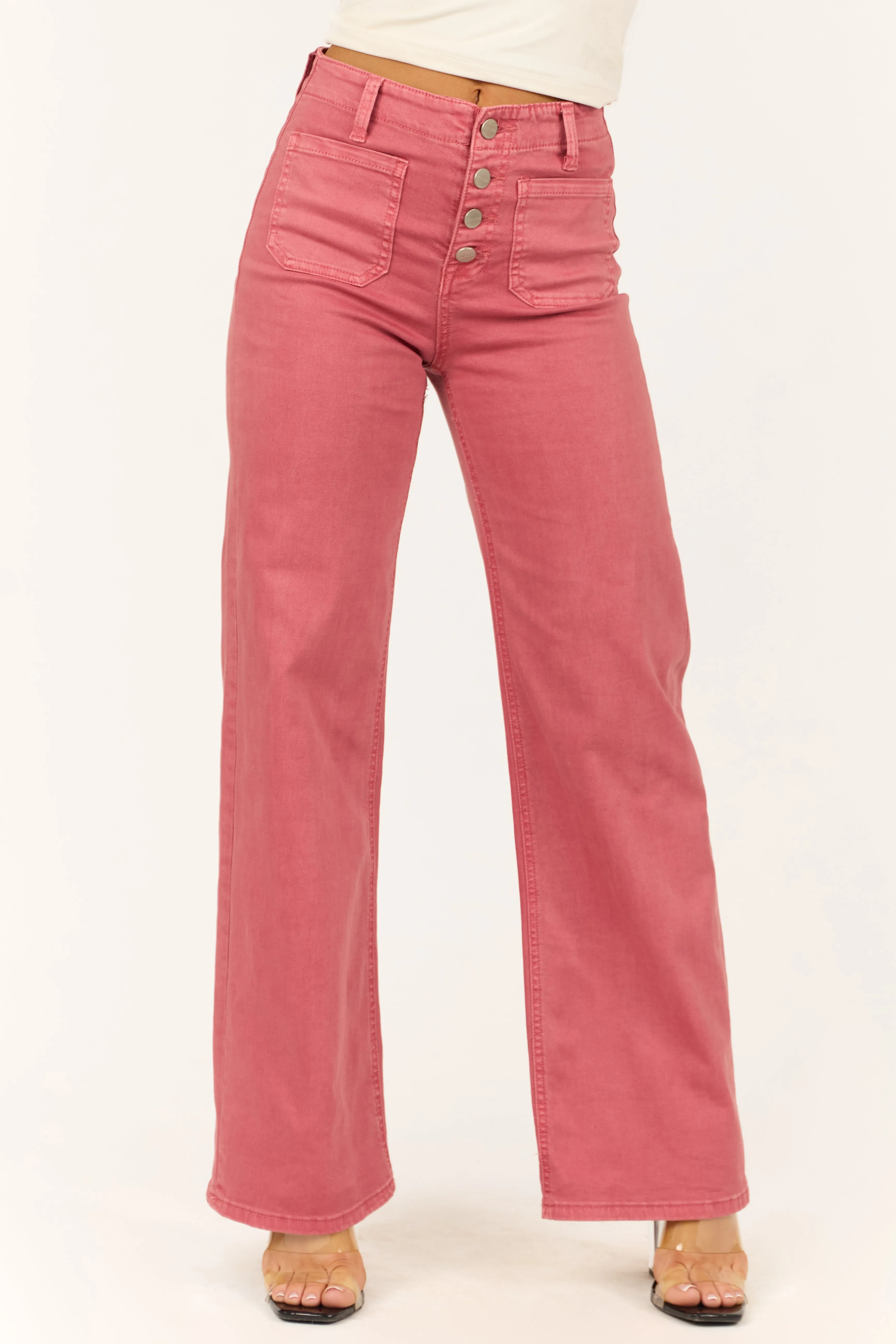 Risen Dark Coral Patch Pocket Wide Leg Jeans wrinkle free