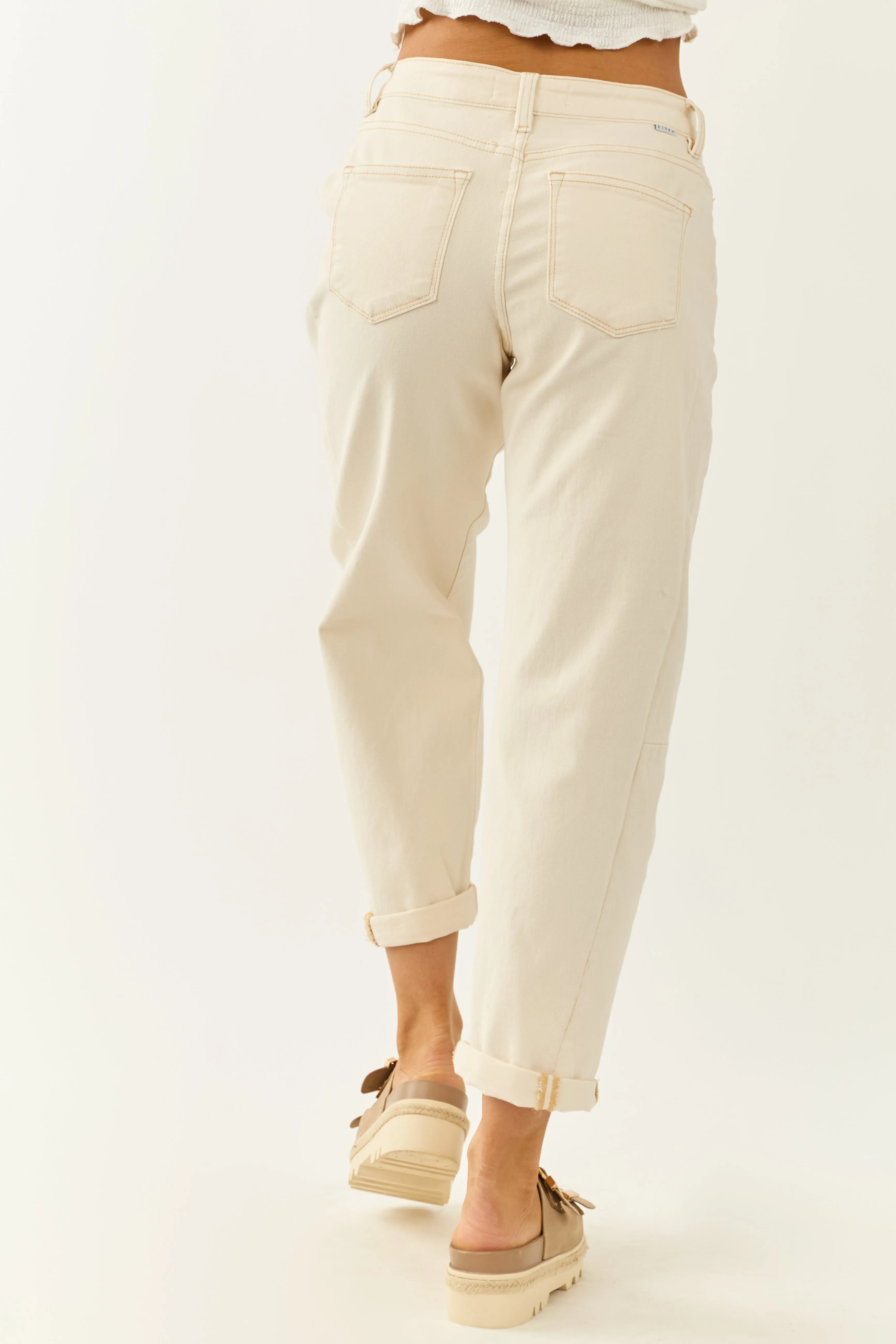 Risen Ivory High Rise Cuffed Stretchy Barrel Jeans body friendly