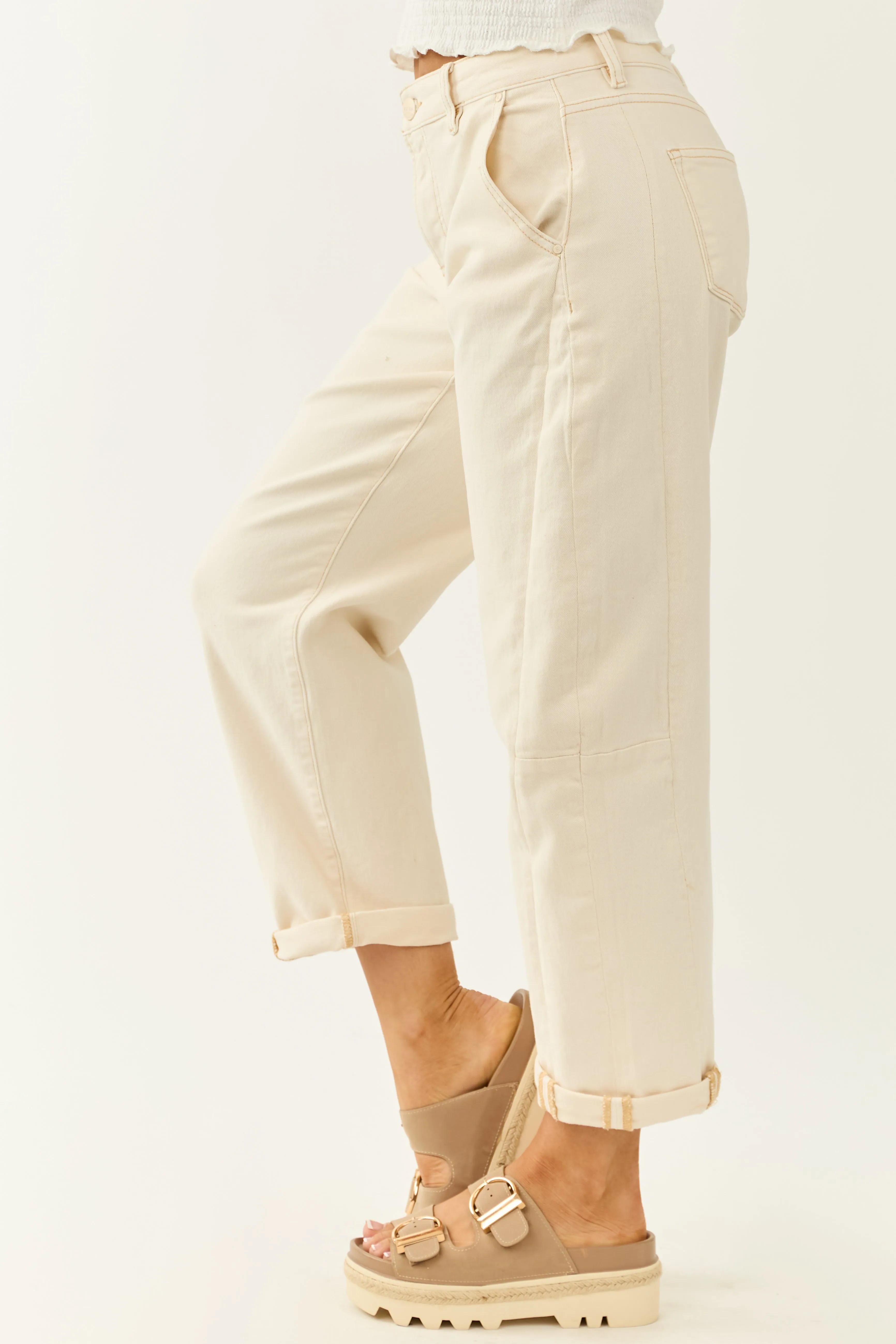 Risen Ivory High Rise Cuffed Stretchy Barrel Jeans body friendly