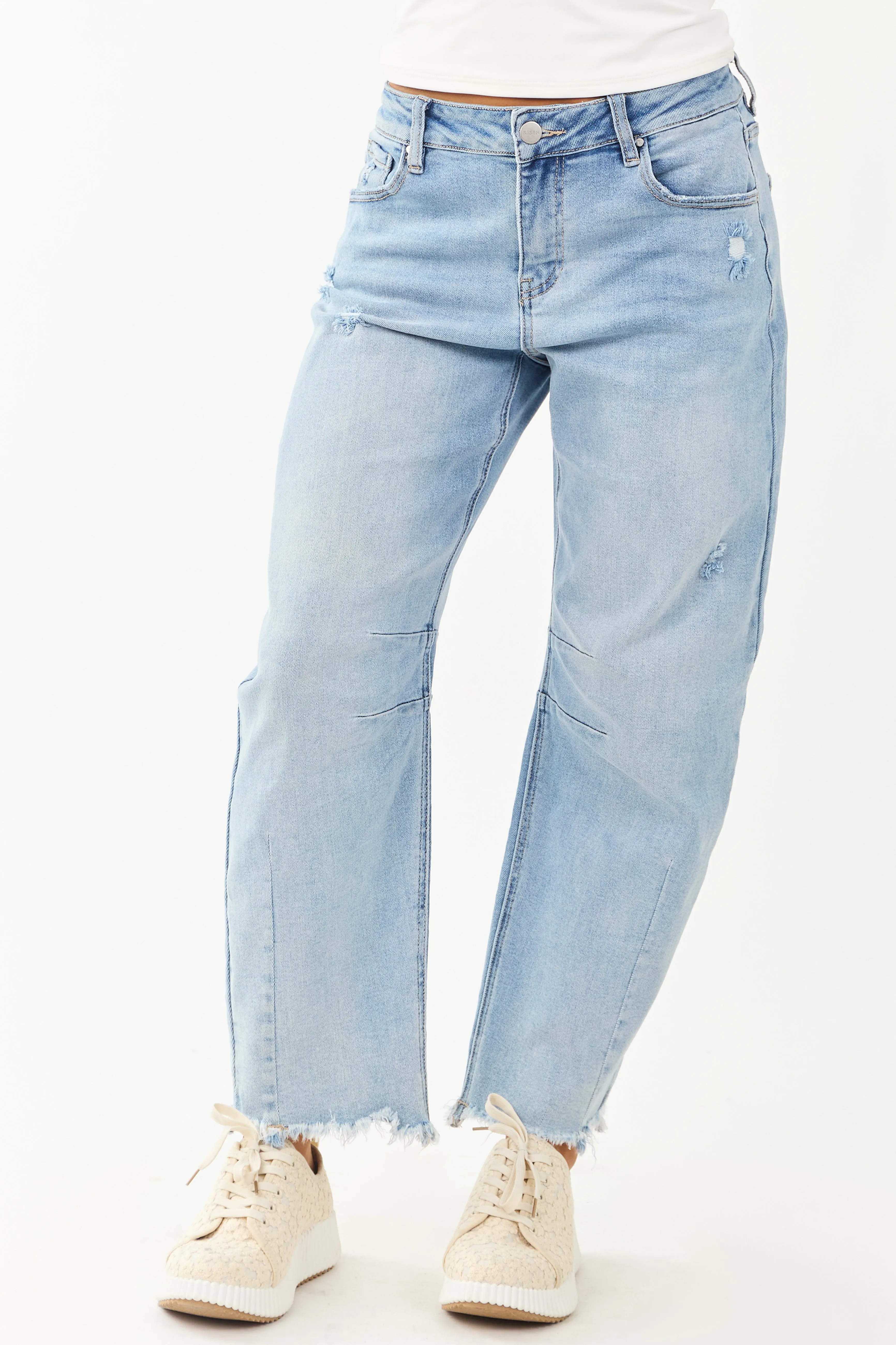 Risen Light Wash High Rise Stretchy Barrel Jeans photo helper
