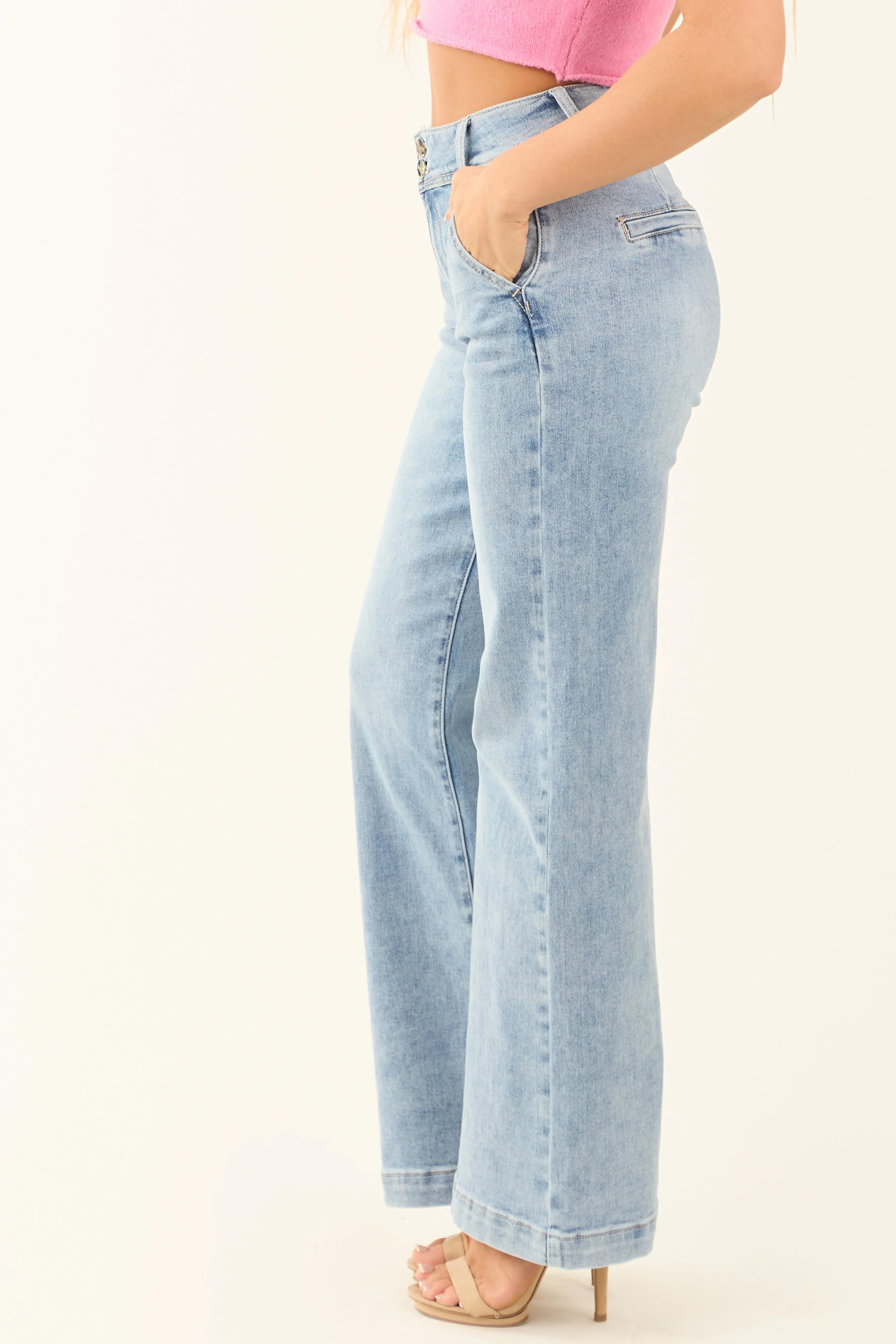 Risen Light Wash Stretchy Double Button Wide Leg Jeans match free