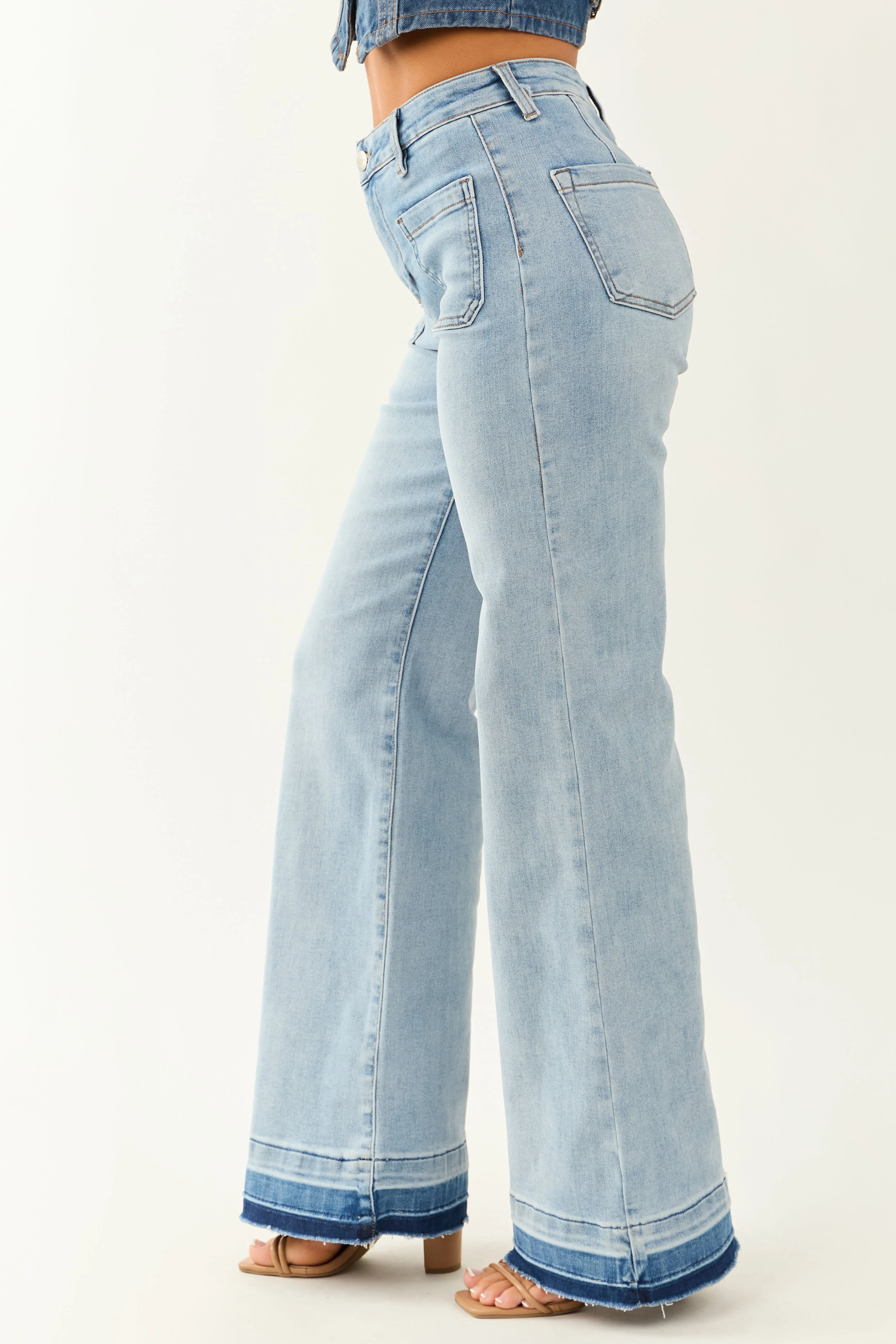 Risen Light Wash Stretchy Ombre Hem Wide Leg Jeans urban trend