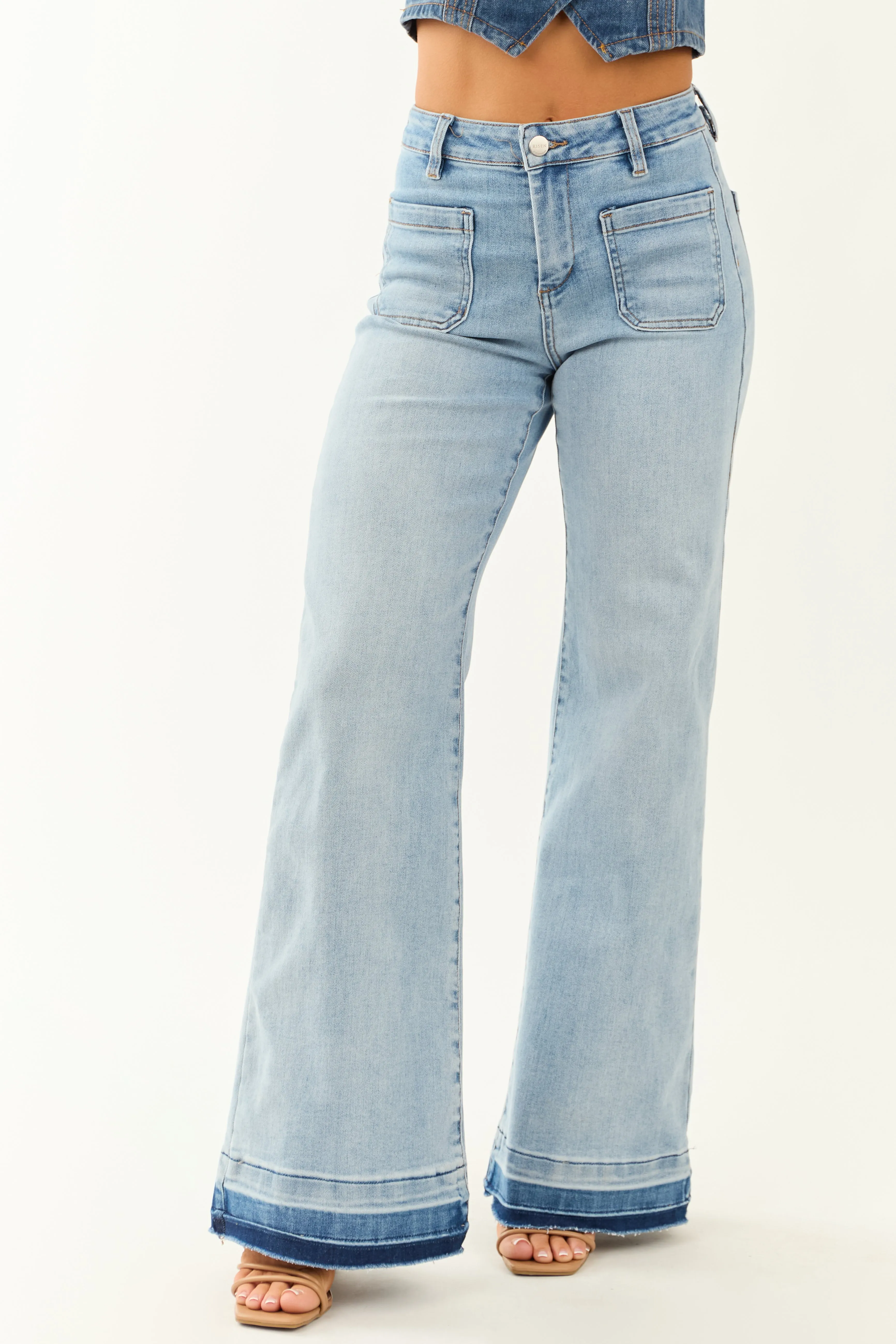 Risen Light Wash Stretchy Ombre Hem Wide Leg Jeans urban trend