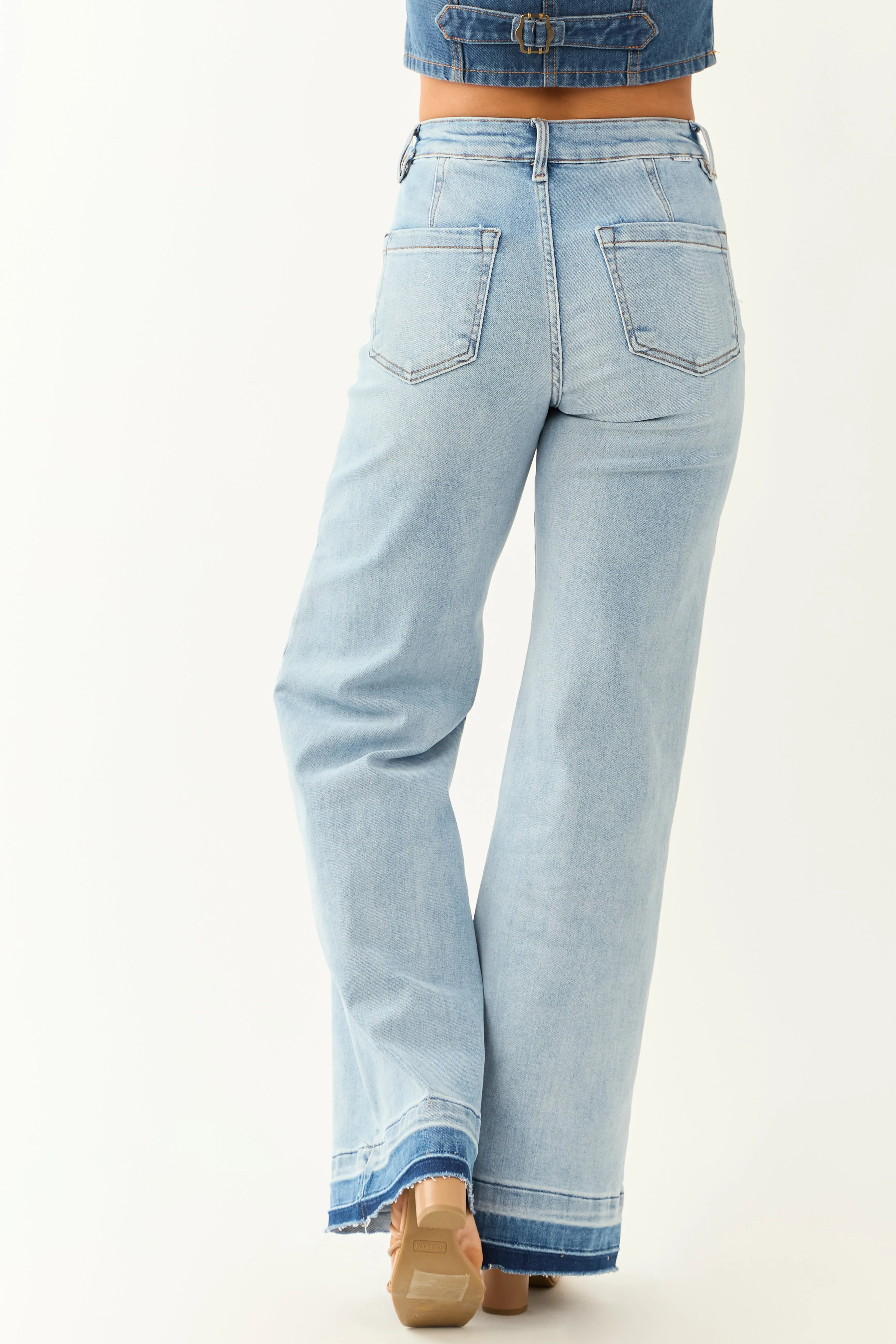 Risen Light Wash Stretchy Ombre Hem Wide Leg Jeans urban trend