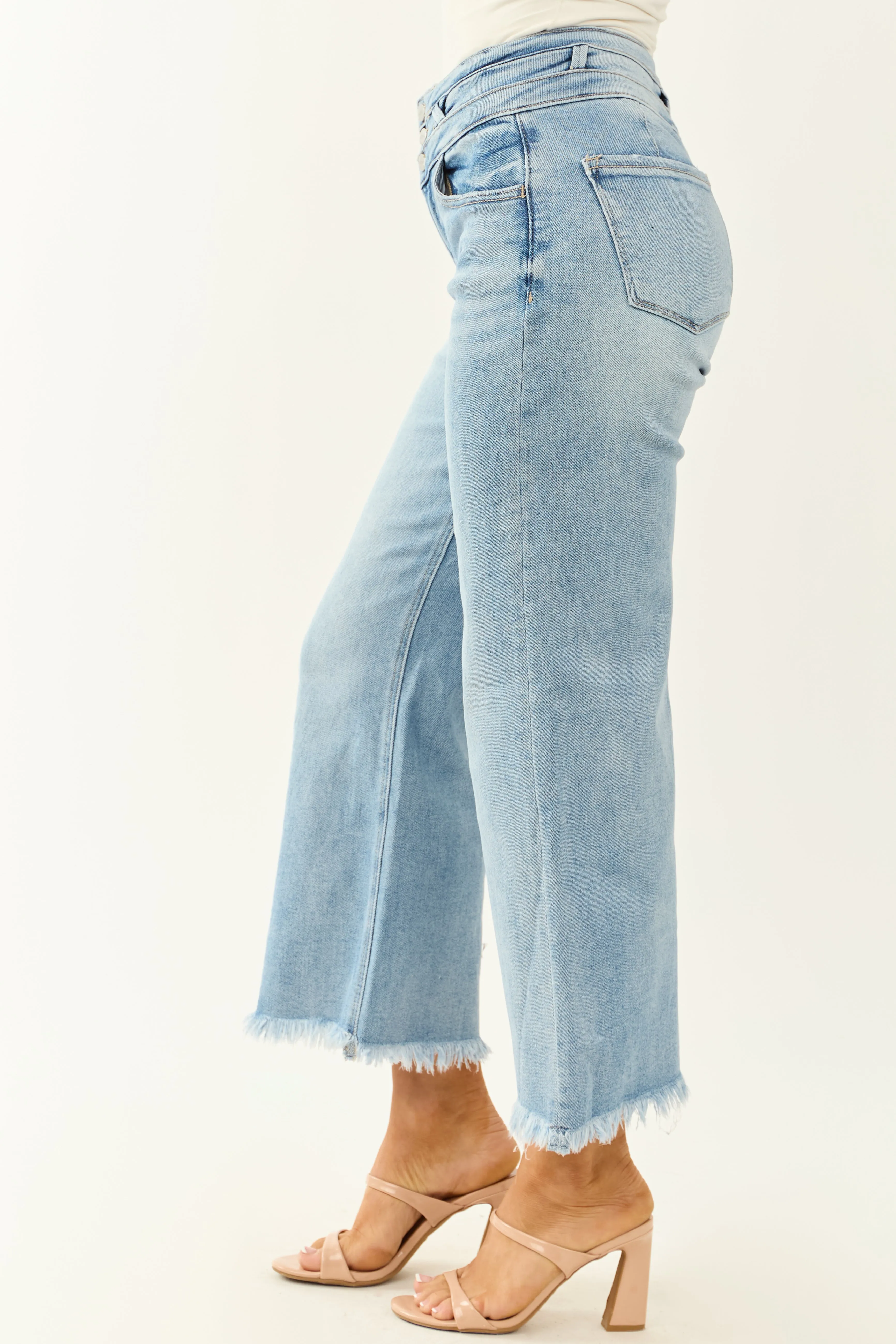 Risen Light Wash Stretchy Wide Leg Cropped Jeans elastic fit