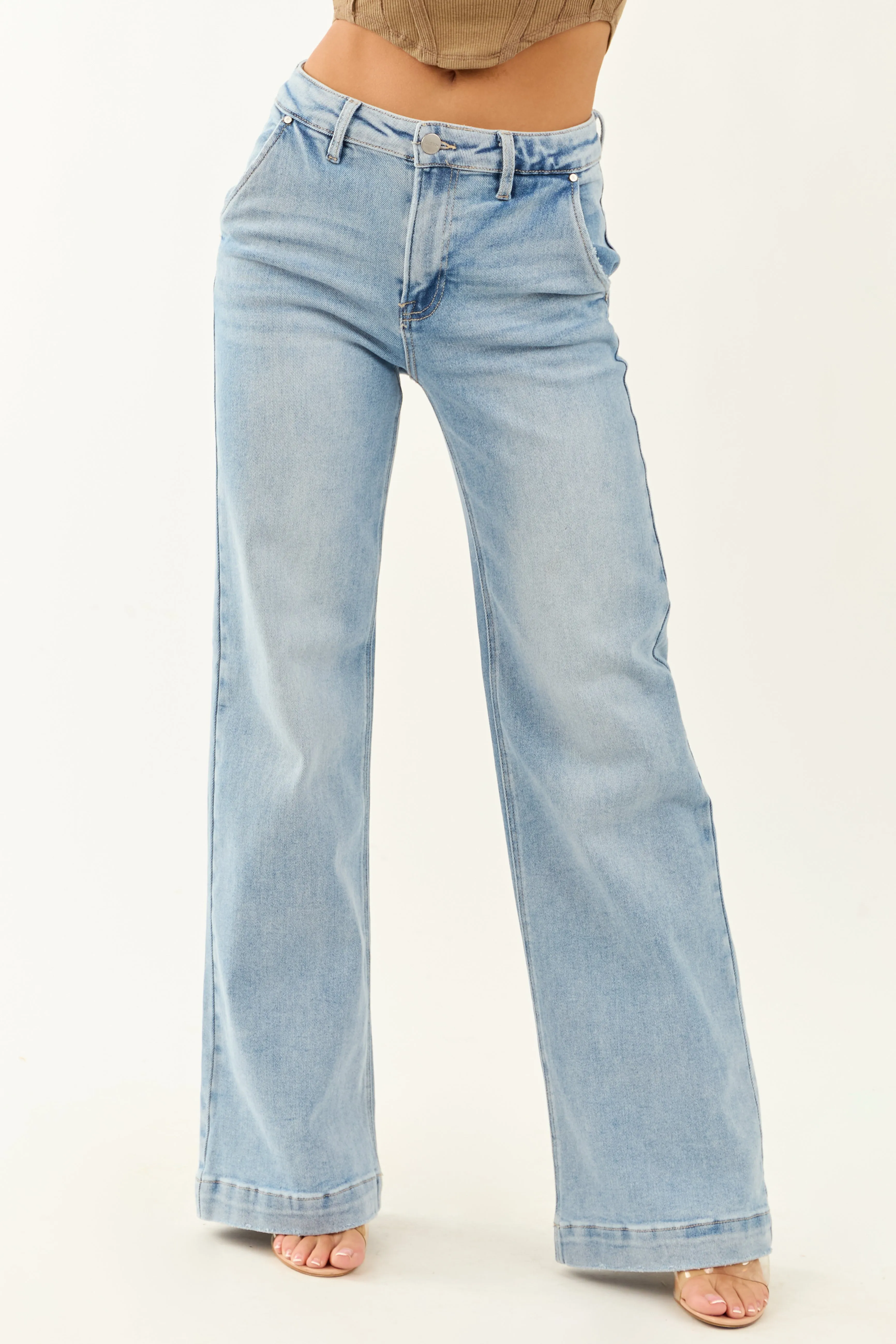Risen Light Wash Stretchy Wide Leg Jeans soft glide