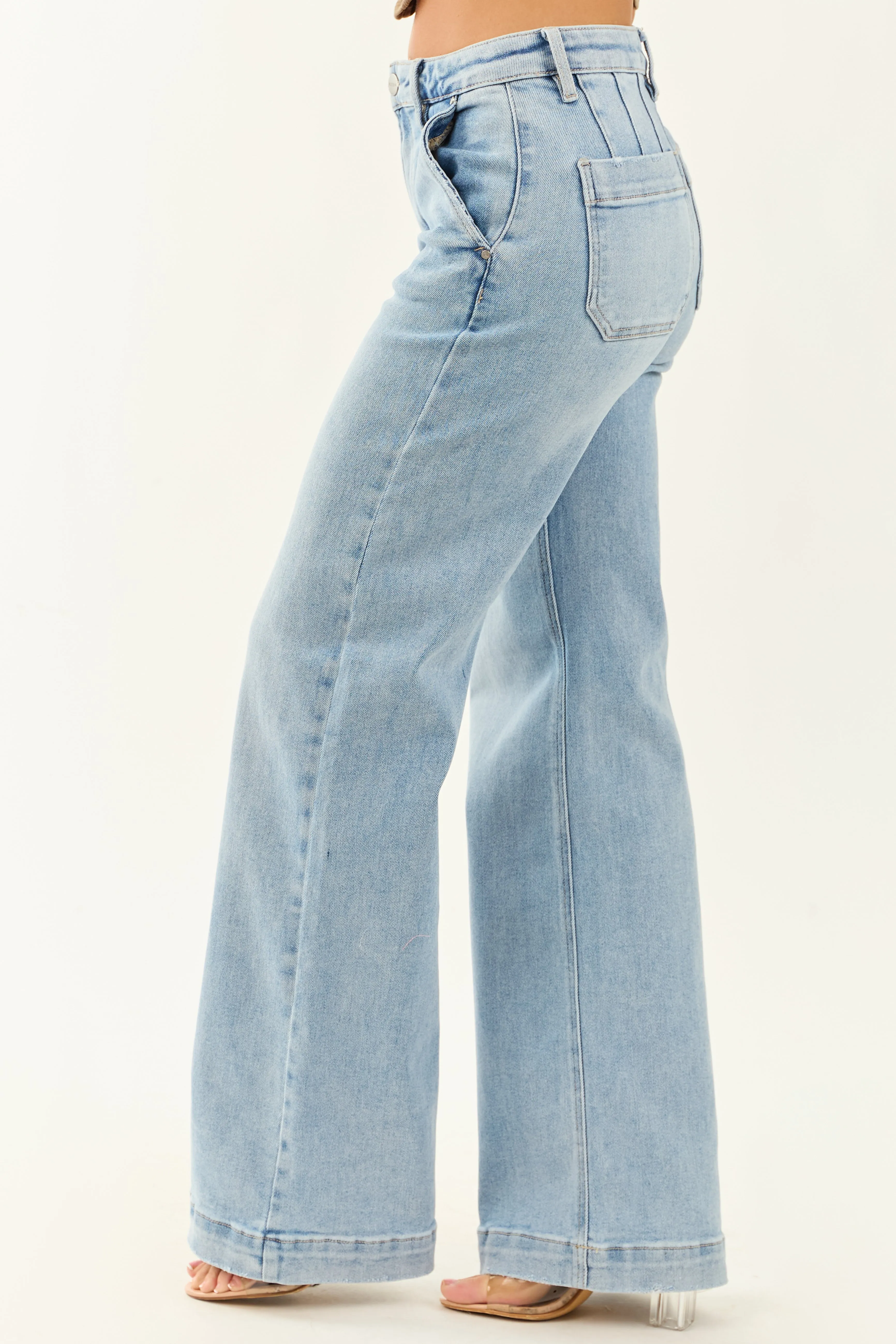 Risen Light Wash Stretchy Wide Leg Jeans soft glide