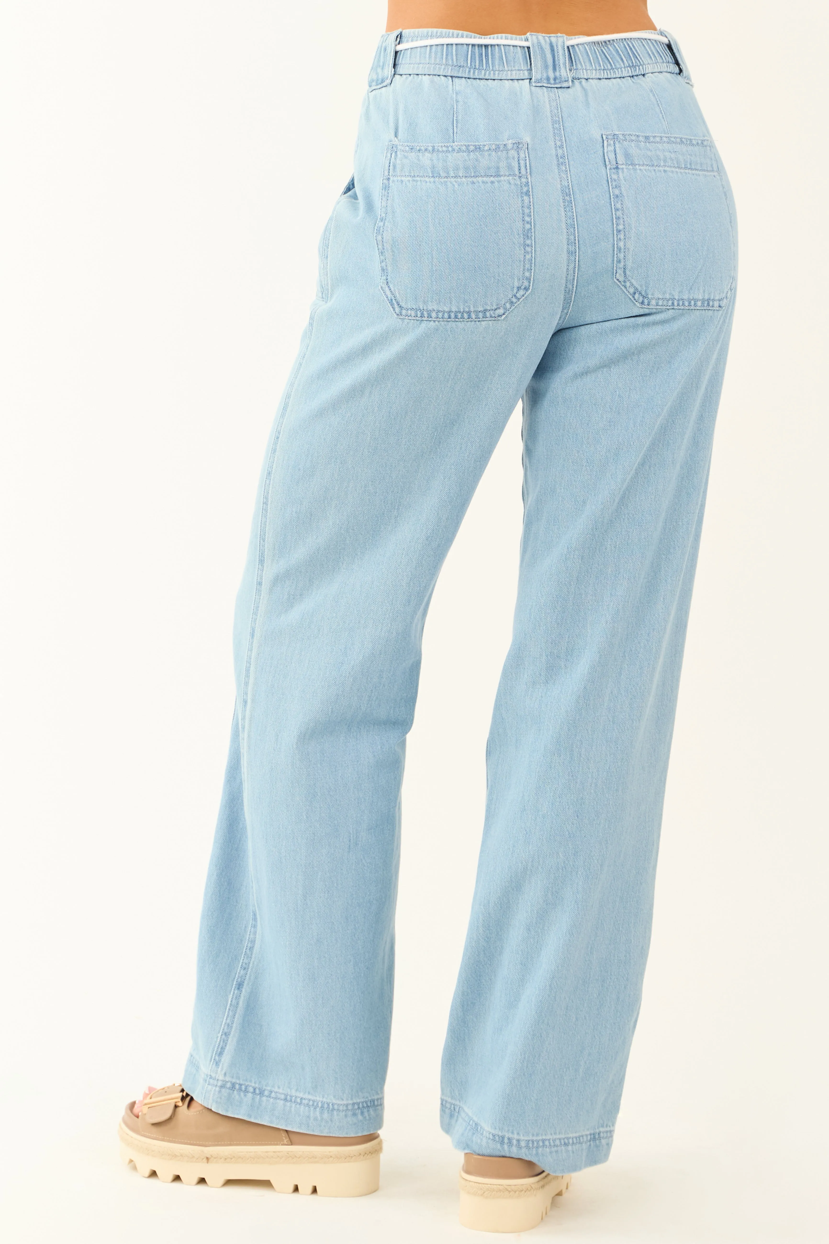 Risen Light Wash Wide Leg Waist Tie Jeans wrinkle free