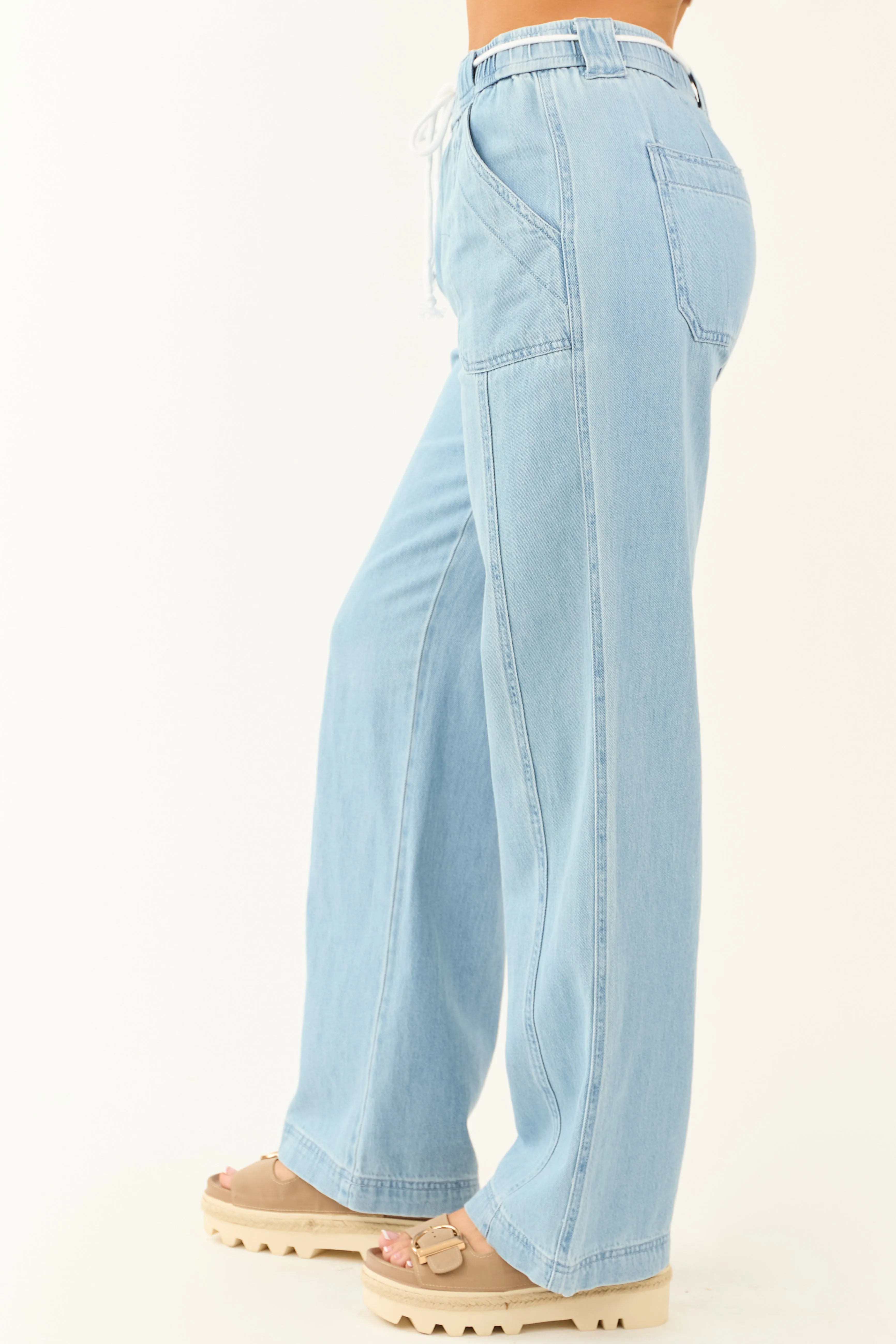 Risen Light Wash Wide Leg Waist Tie Jeans wrinkle free