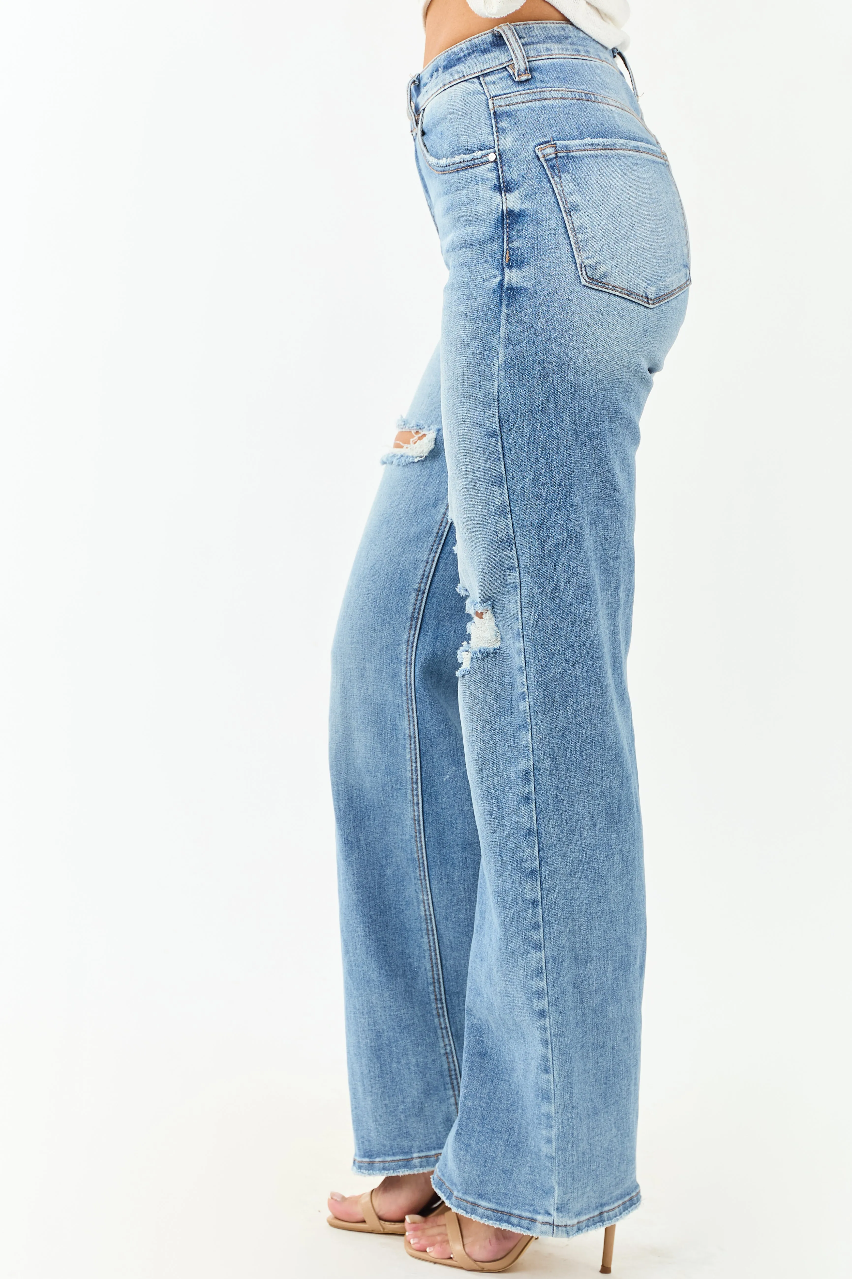 Risen Medium Wash Distressed Stretchy Wide Leg Jeans quick zip