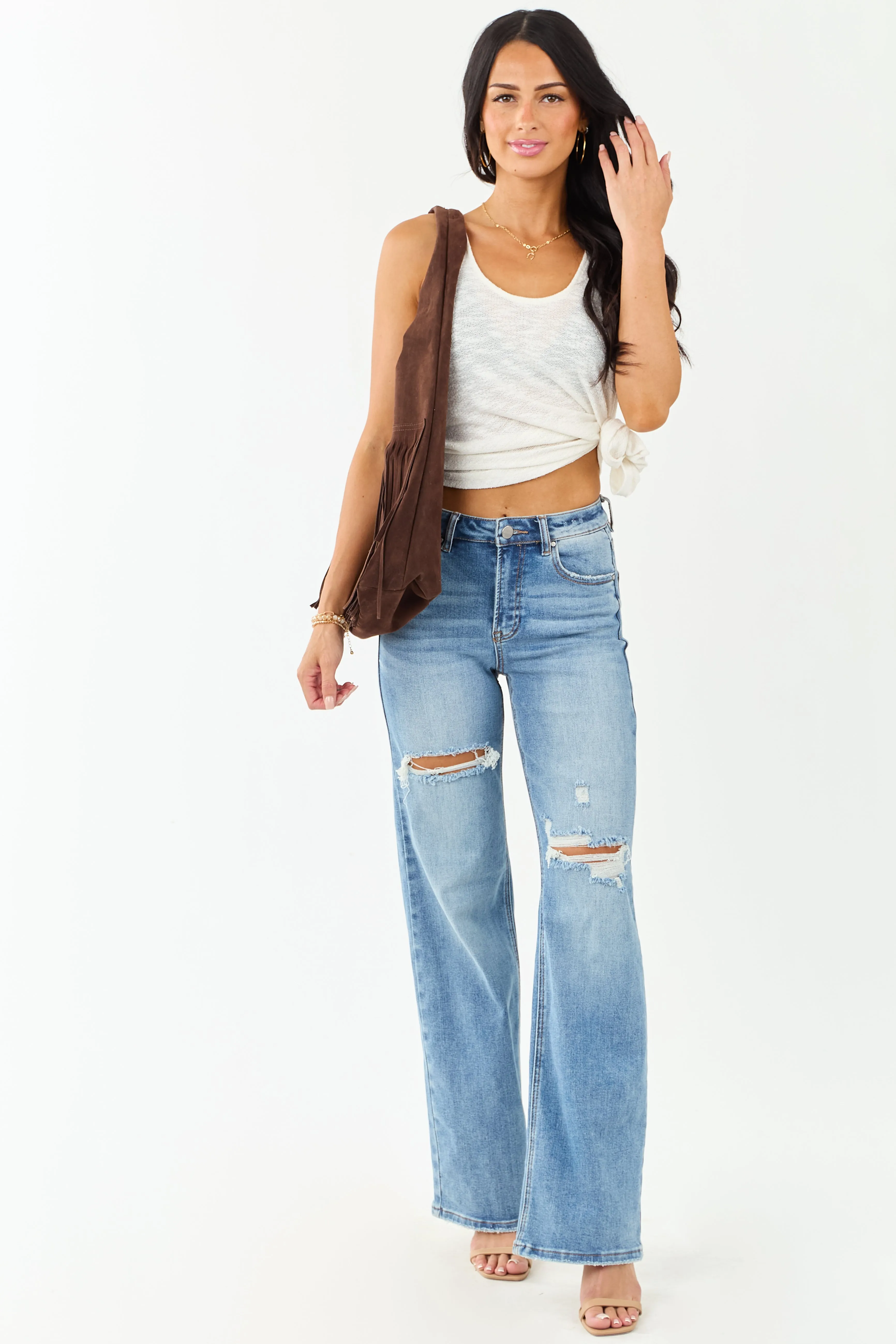 Risen Medium Wash Distressed Stretchy Wide Leg Jeans quick zip