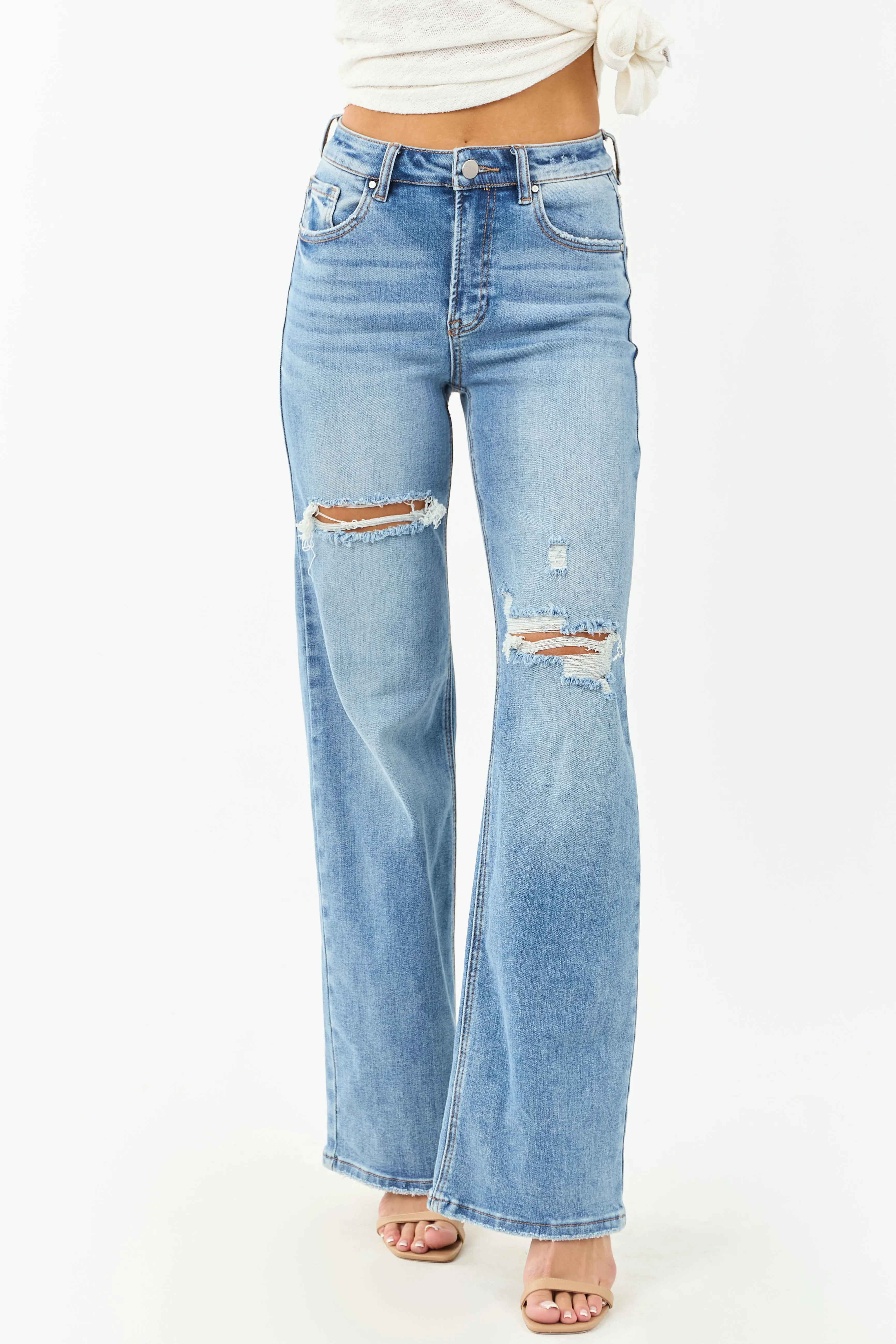 Risen Medium Wash Distressed Stretchy Wide Leg Jeans quick zip