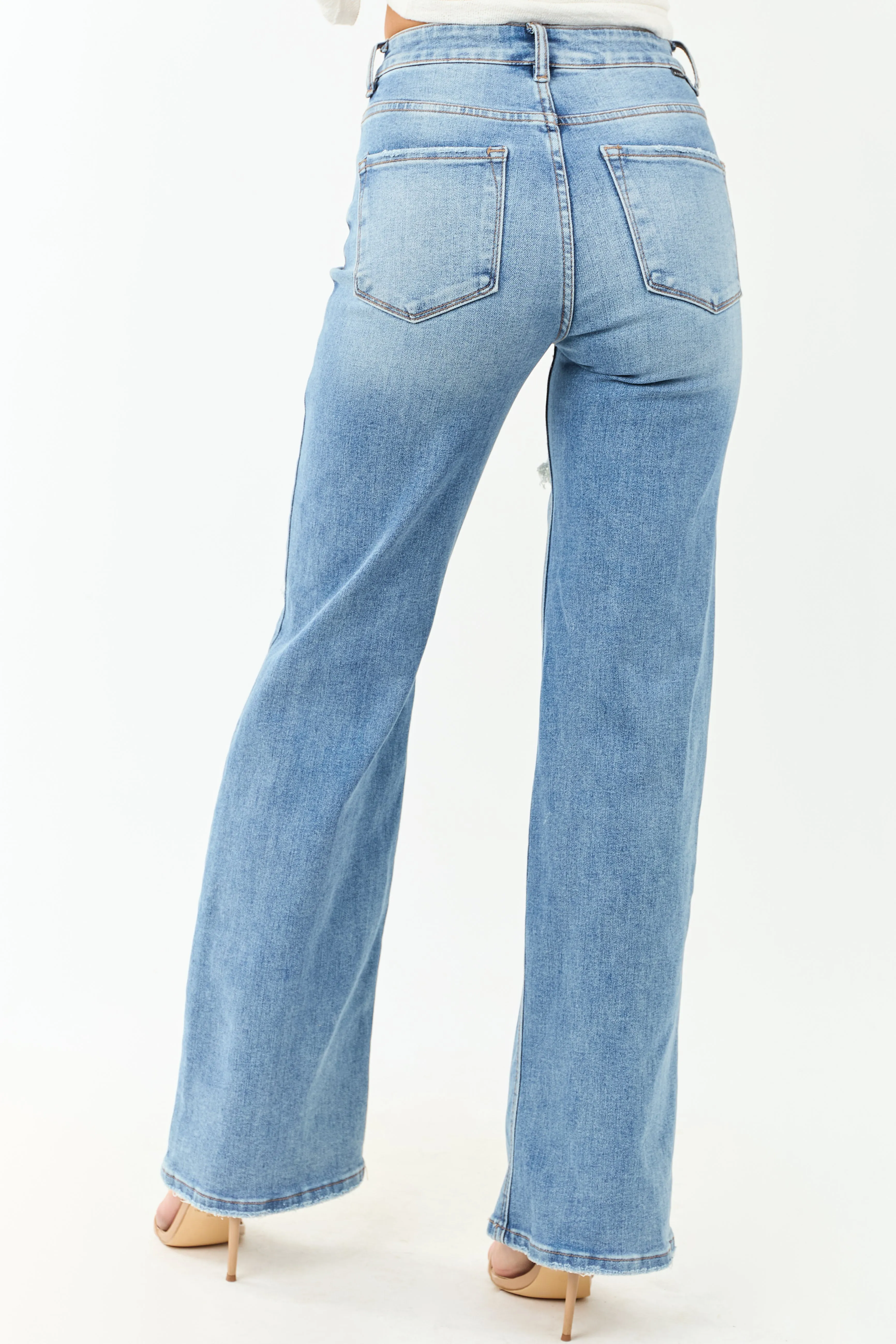 Risen Medium Wash Distressed Stretchy Wide Leg Jeans quick zip