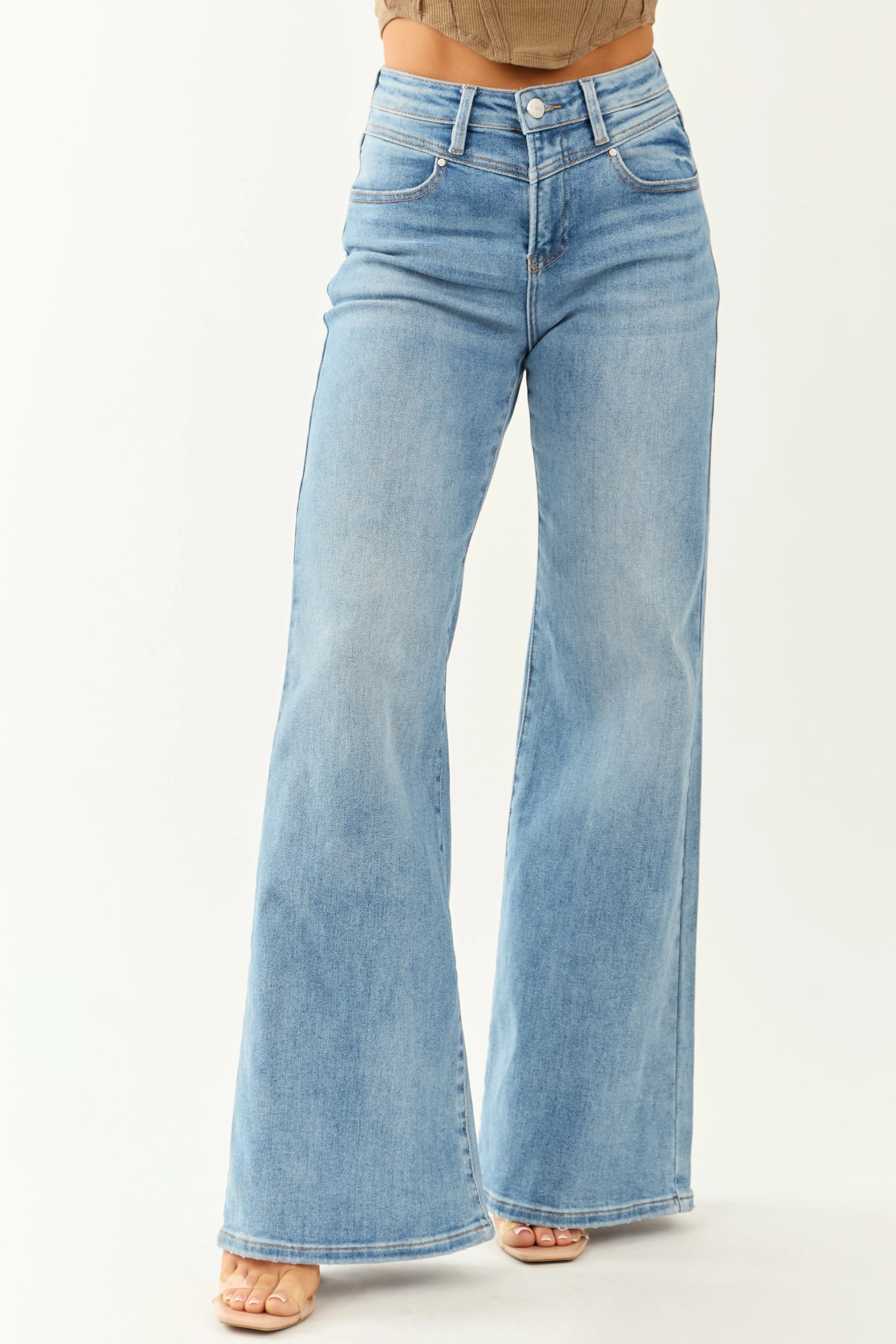 Risen Medium Wash Waist V Stitch Stretchy Wide Jeans vibe strong