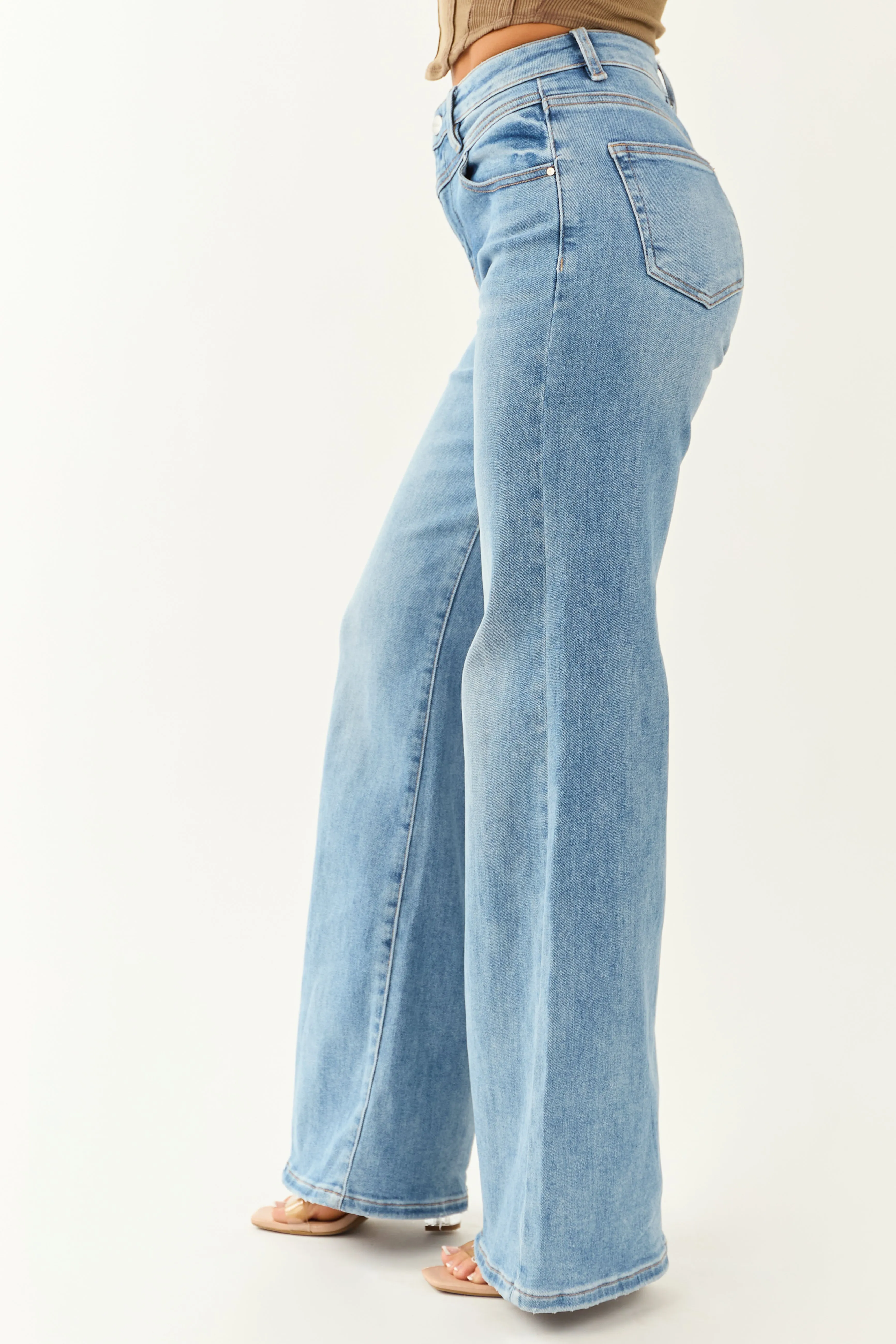 Risen Medium Wash Waist V Stitch Stretchy Wide Jeans vibe strong