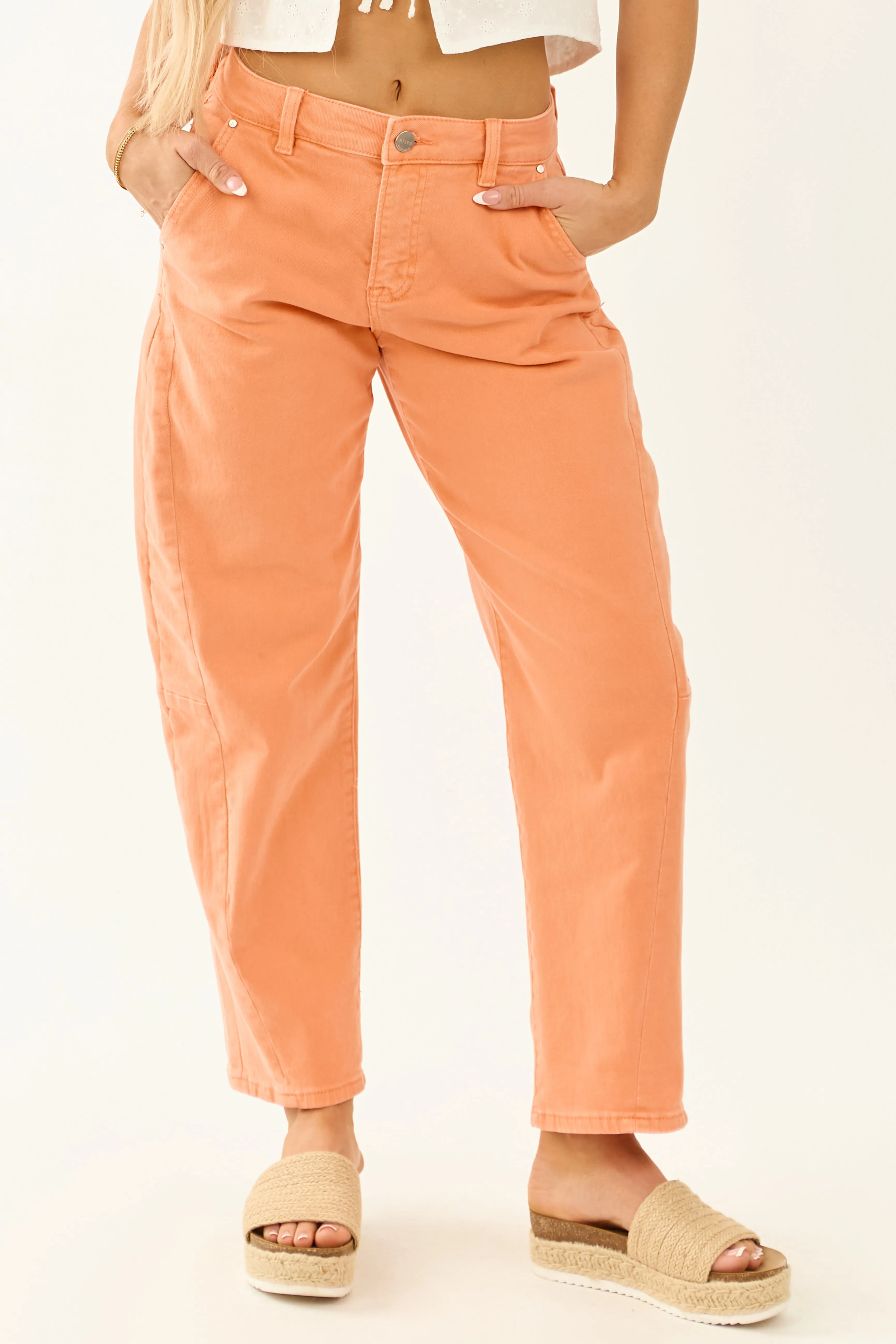 Risen Melon High Rise Cuffed Stretchy Barrel Jeans street vibe