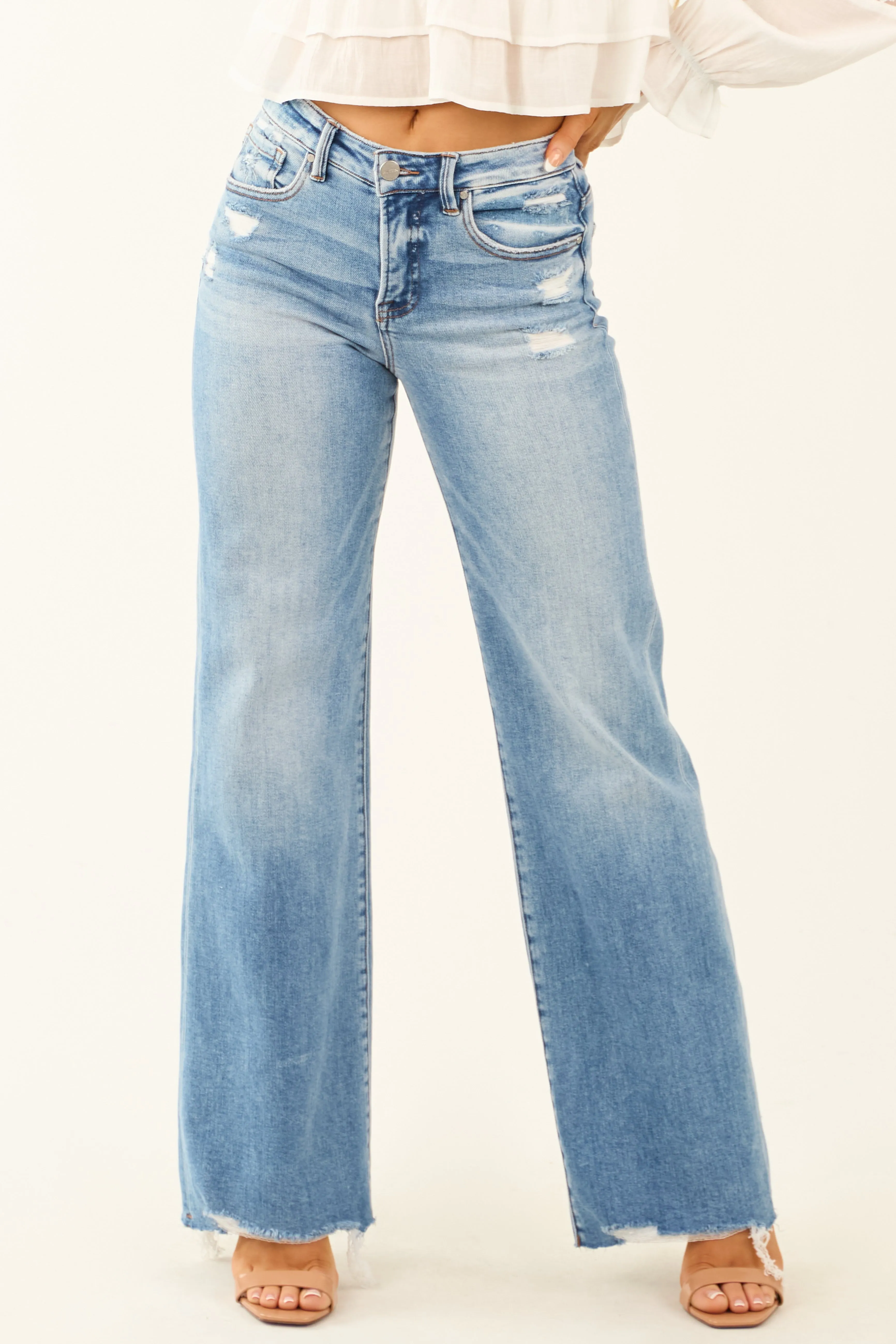 Risen Mid Rise Distressed Tummy Control Jeans charm boost