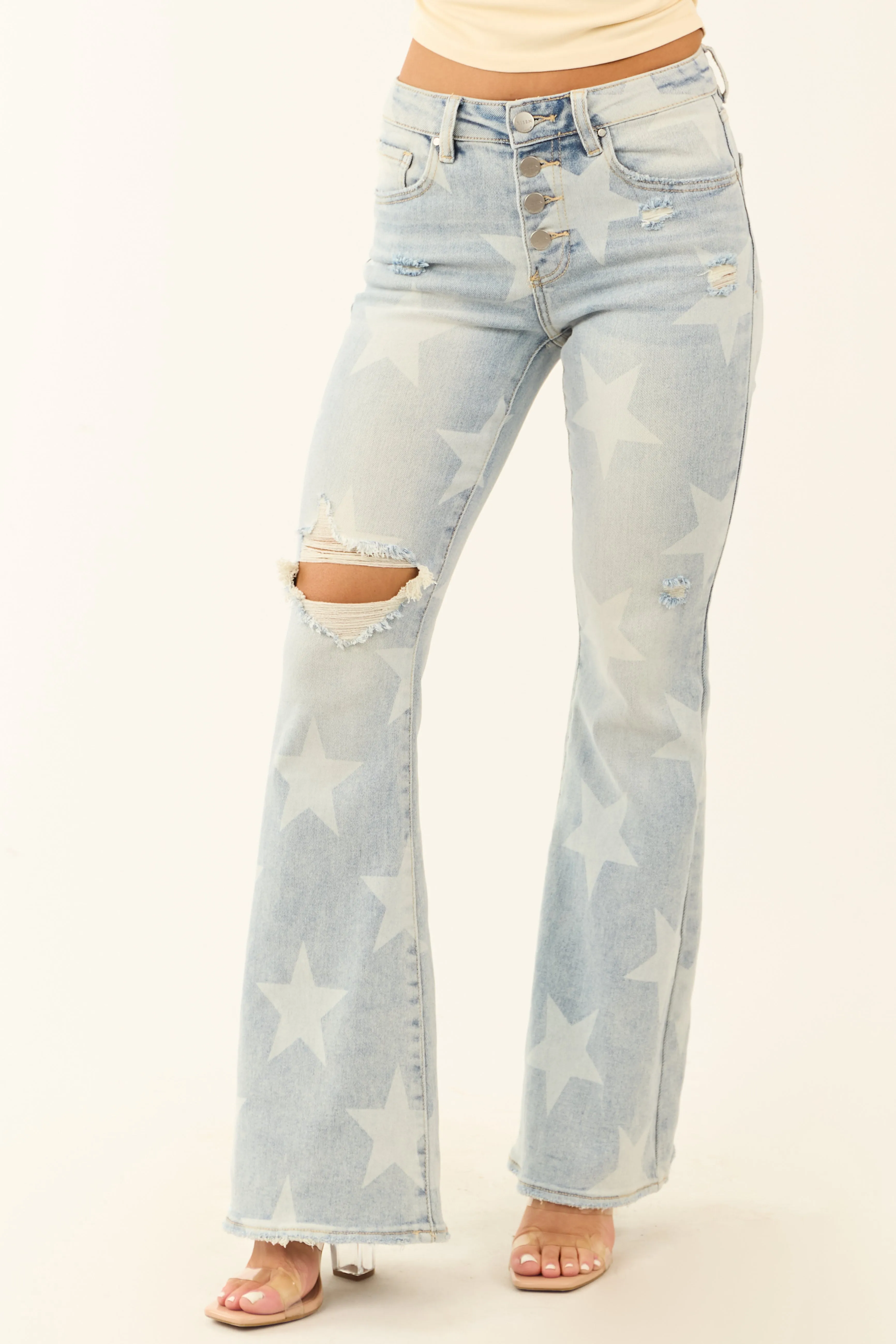 Risen Mid Rise Star Print Stretchy Flare Jeans camper wear