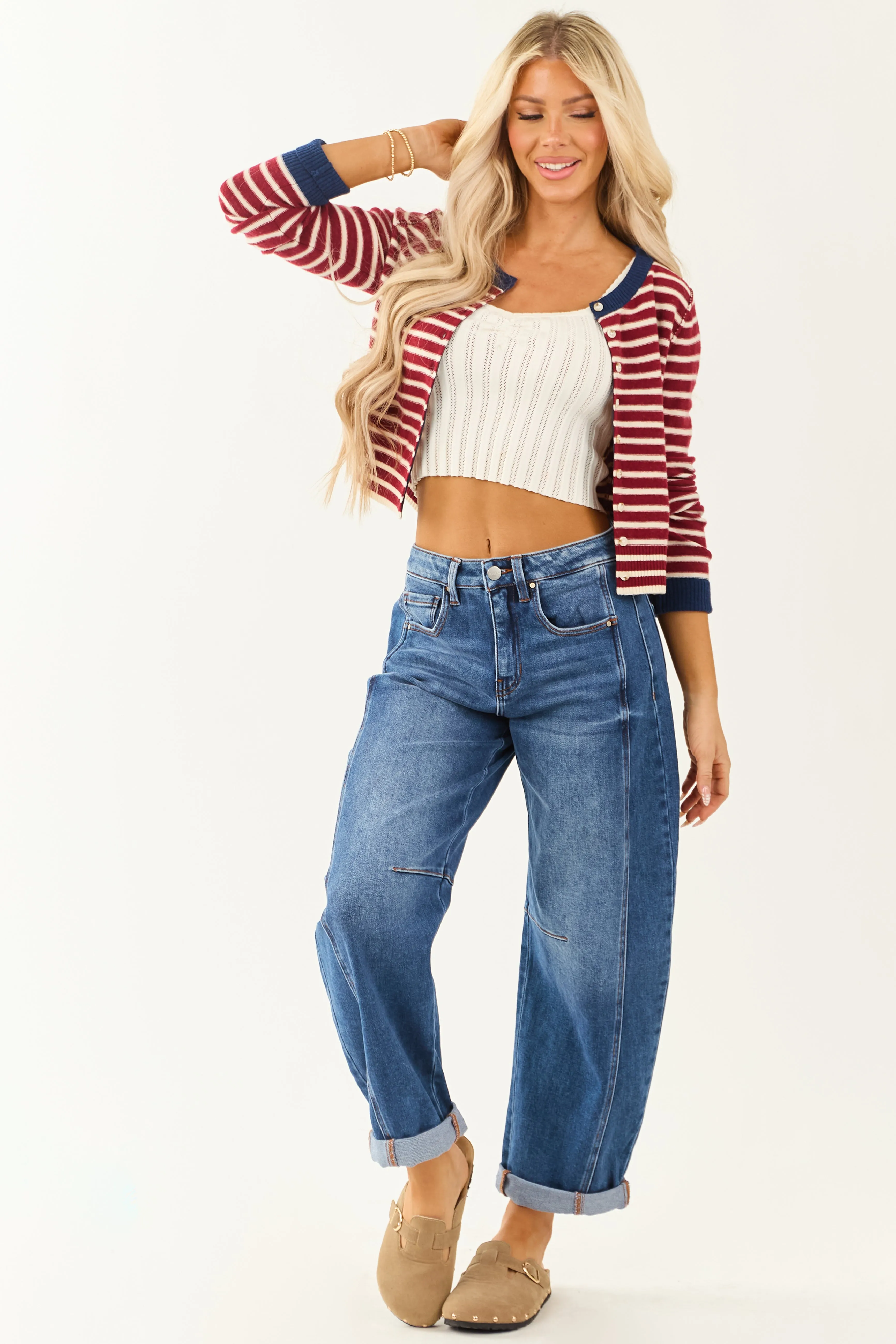 Risen Stretchy Dark Wash Cuffed Barrel Jeans soft glide