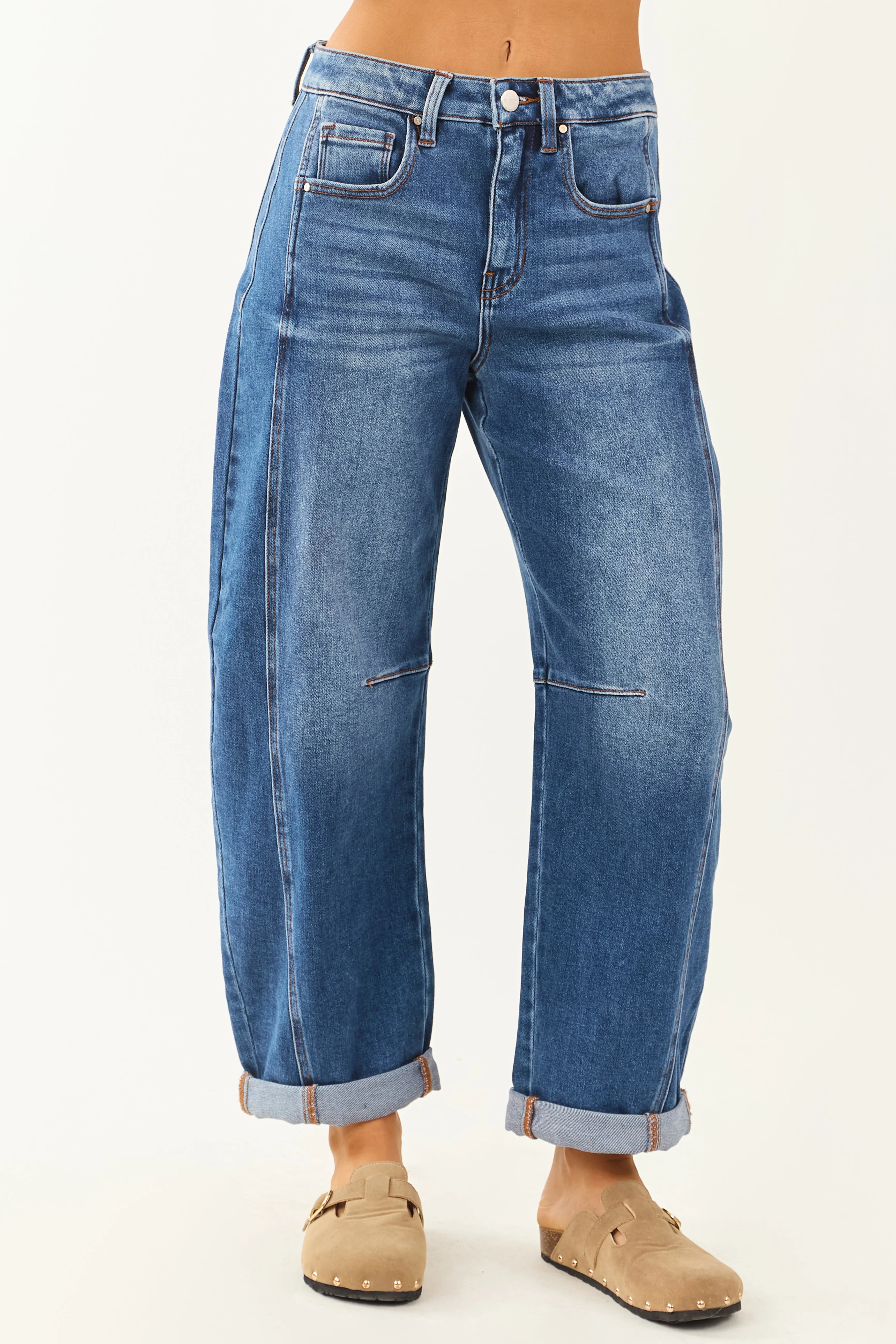 Risen Stretchy Dark Wash Cuffed Barrel Jeans soft glide