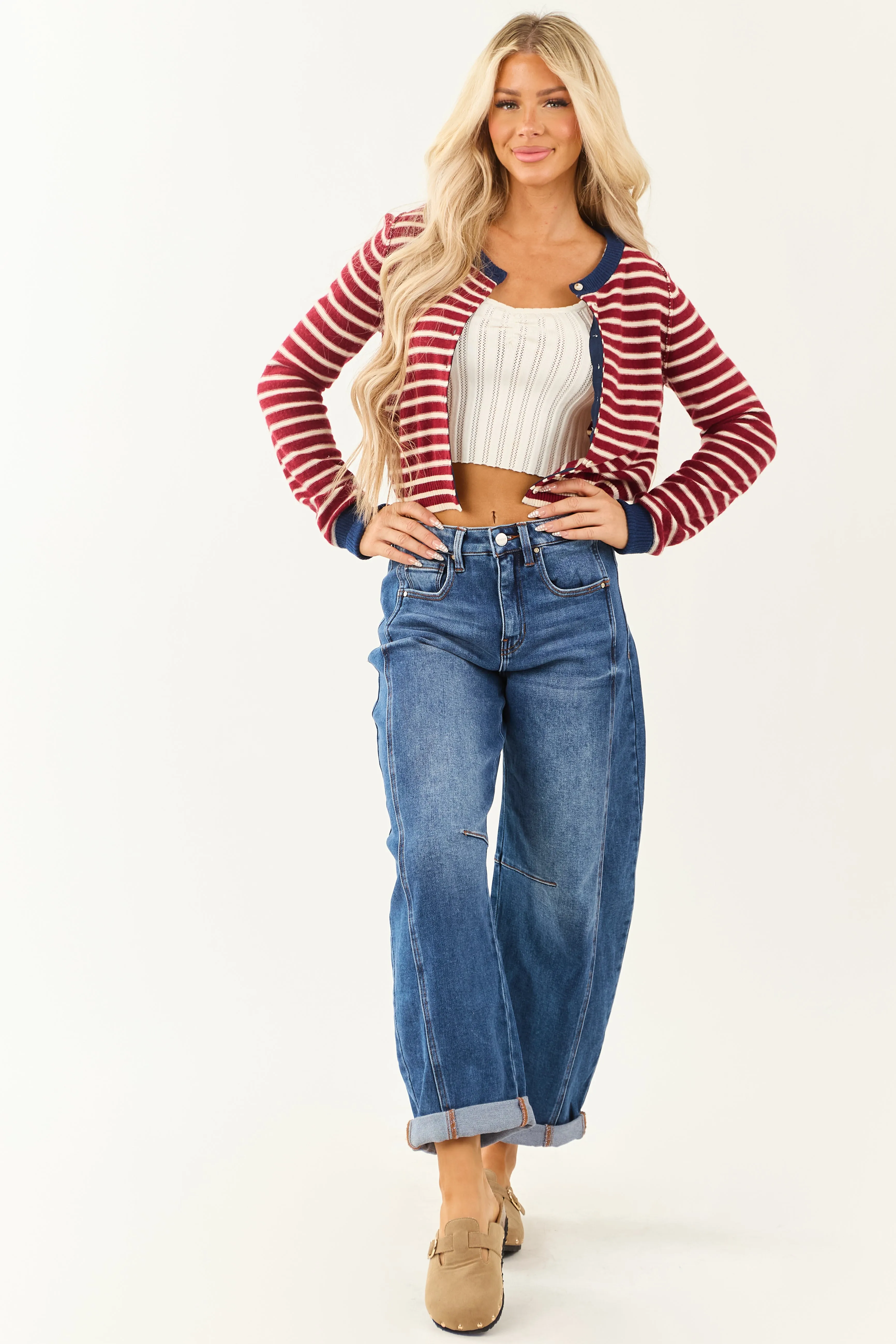 Risen Stretchy Dark Wash Cuffed Barrel Jeans soft glide