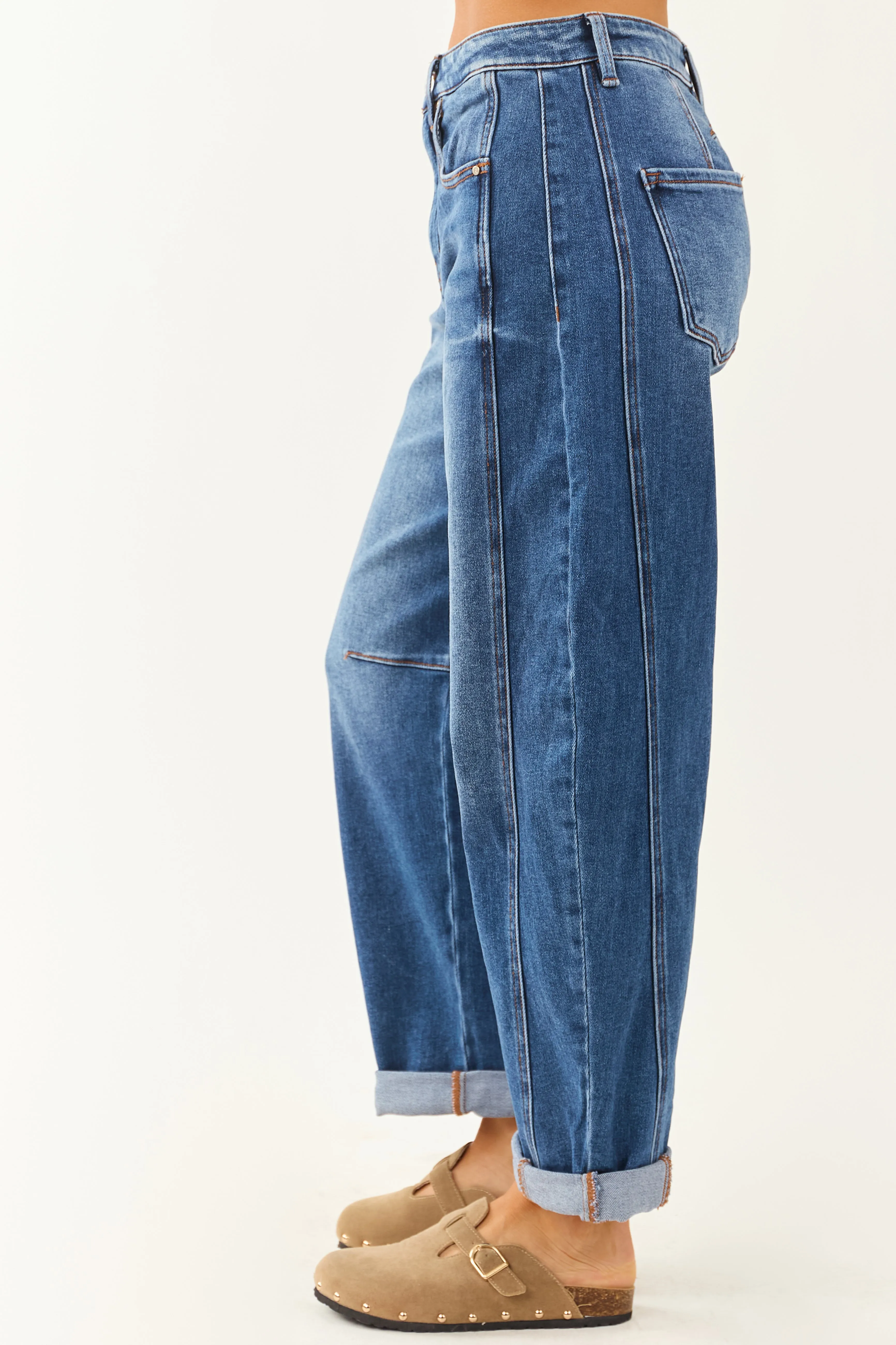 Risen Stretchy Dark Wash Cuffed Barrel Jeans soft glide