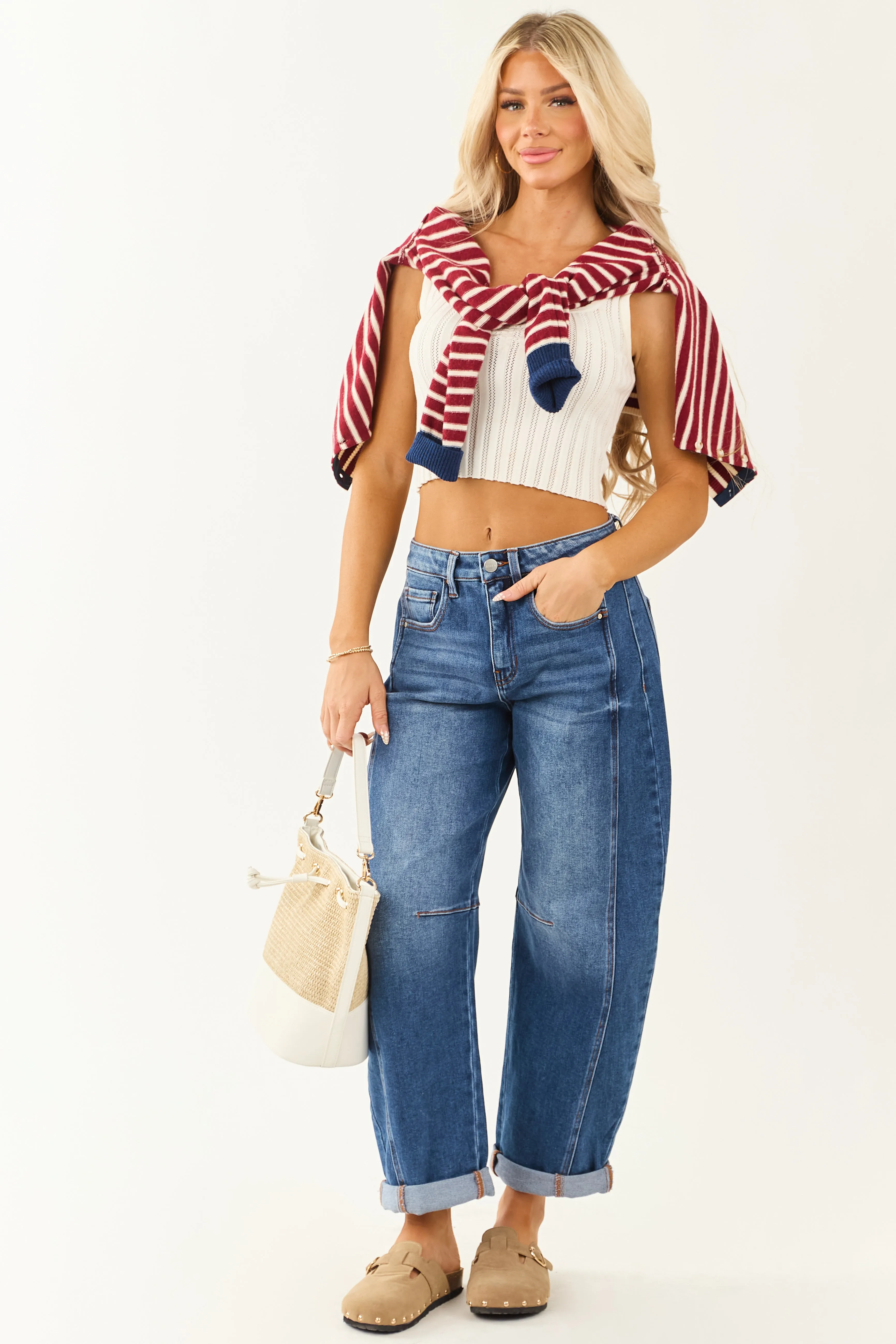 Risen Stretchy Dark Wash Cuffed Barrel Jeans soft glide