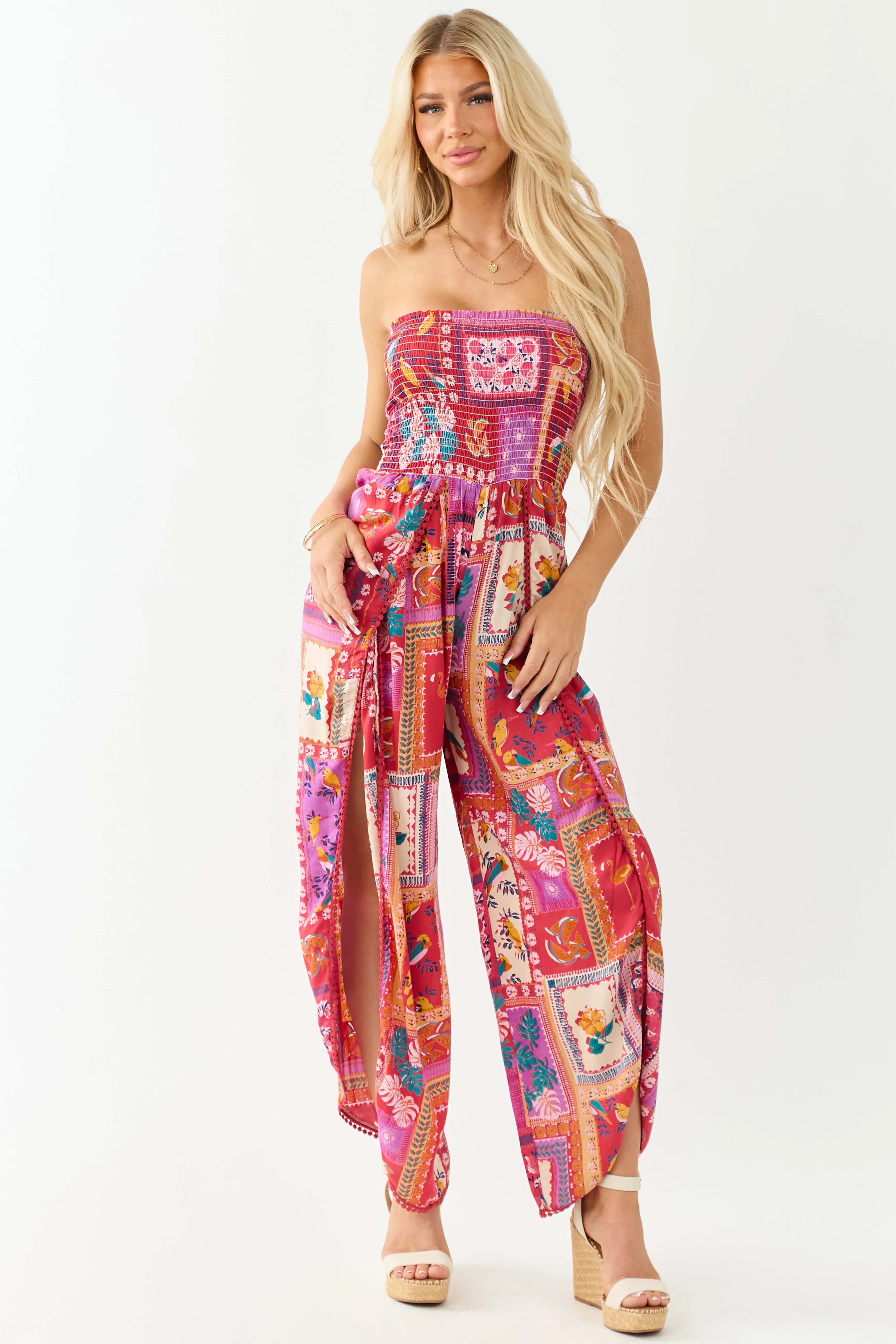 Ruby Abstract Print Strapless Side Slit Jumpsuit slip dress
