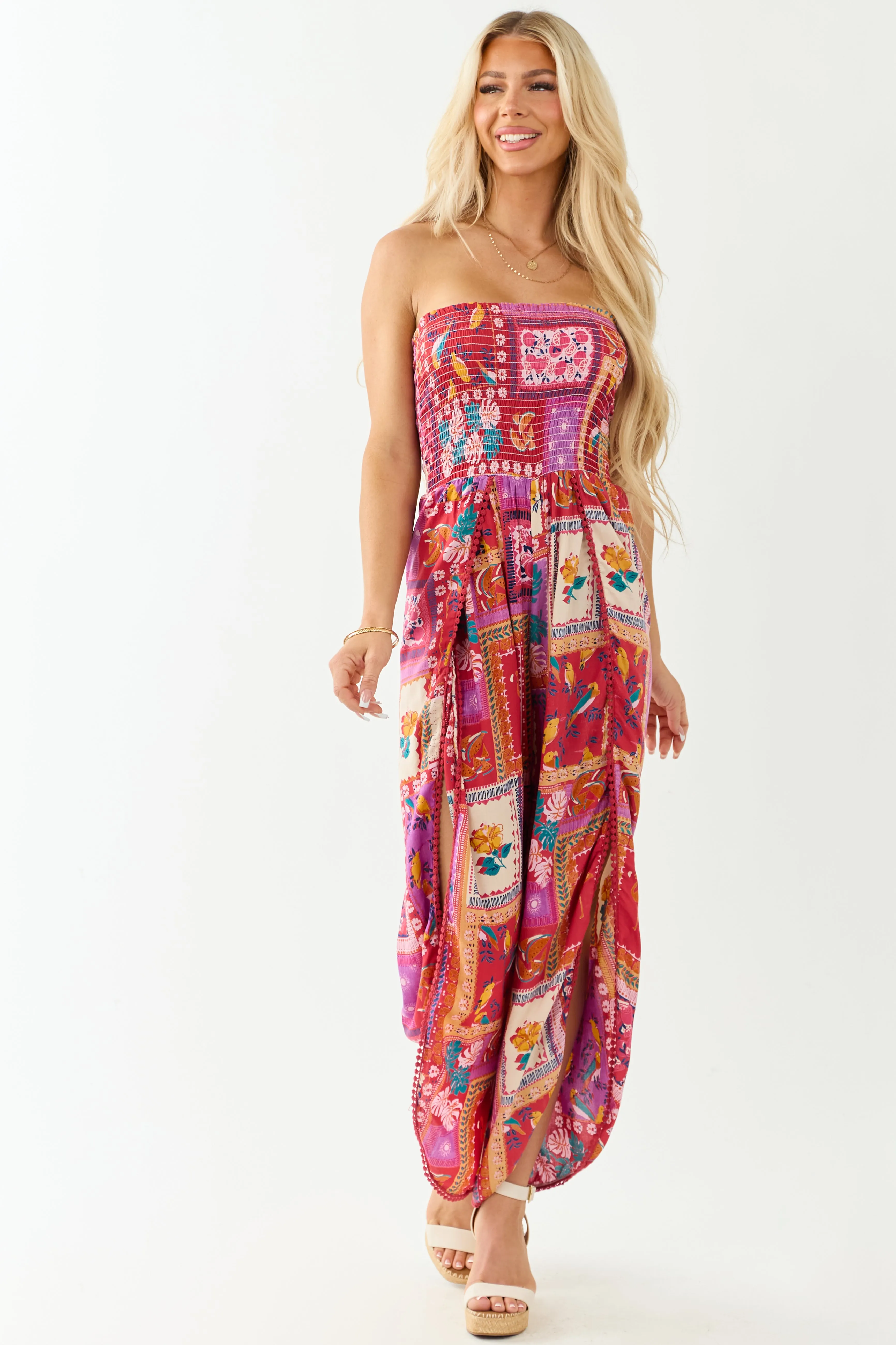 Ruby Abstract Print Strapless Side Slit Jumpsuit slip dress