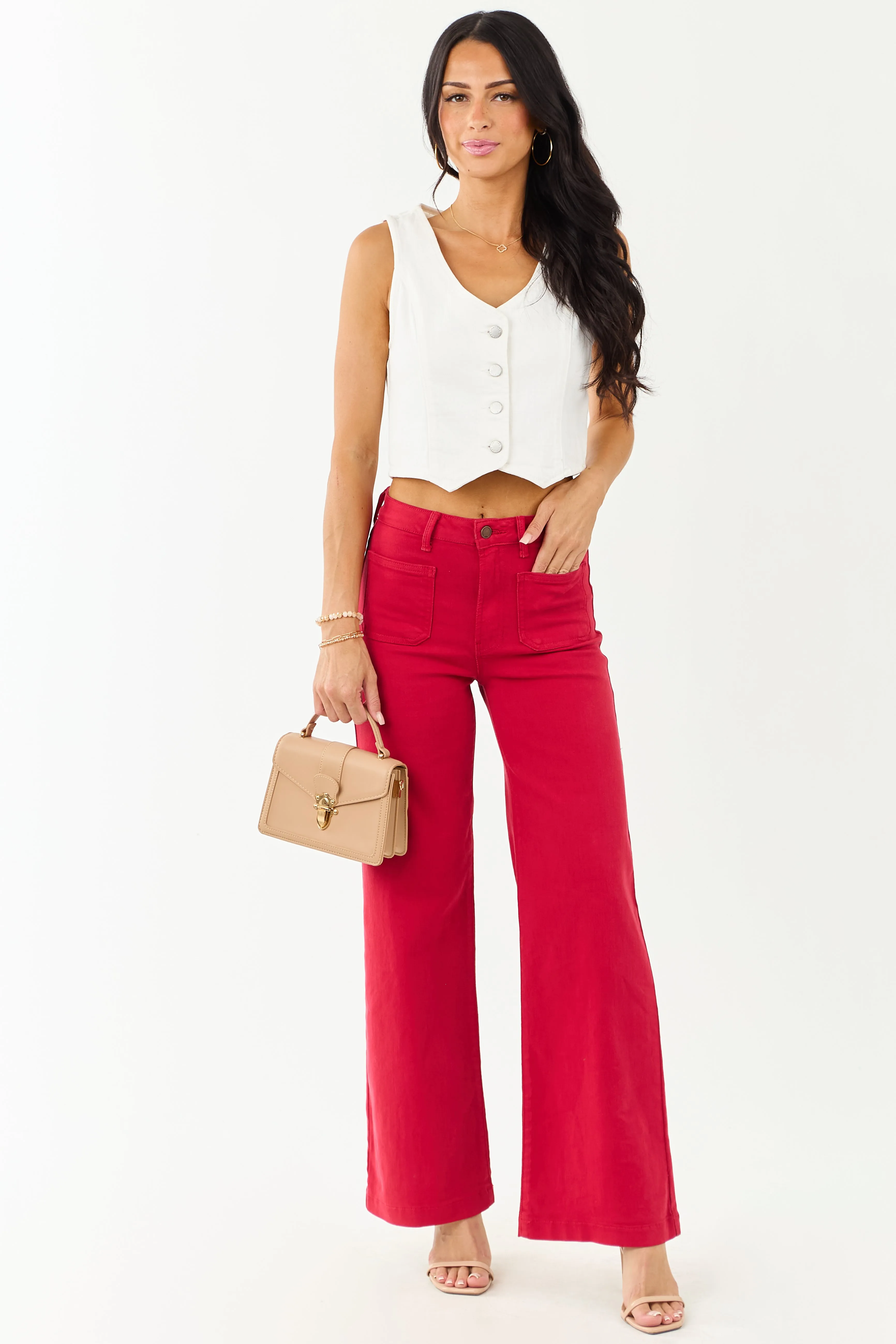 Ruby High Rise Patch Pocket Stretchy Wide Leg Jeans wrinkle free