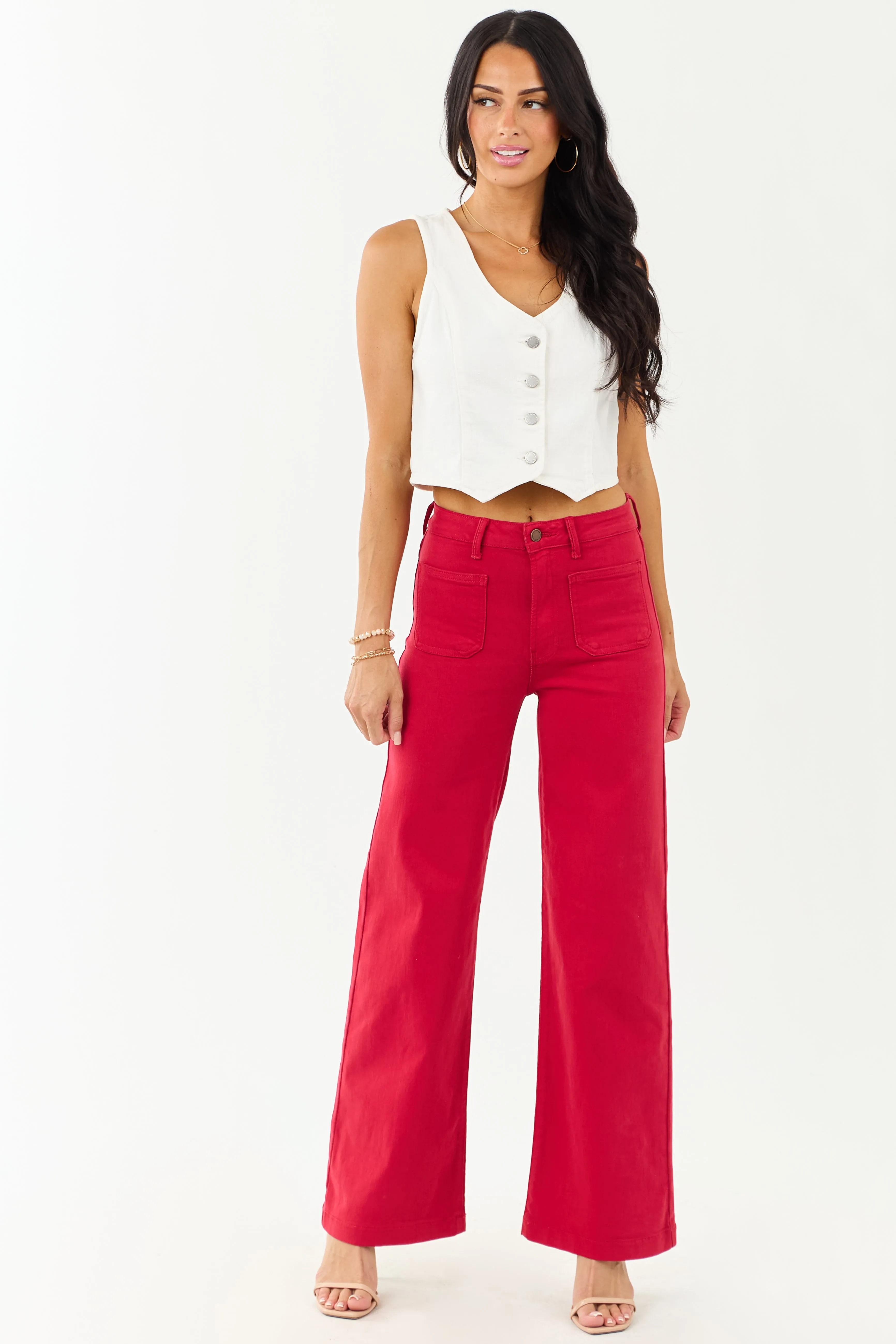 Ruby High Rise Patch Pocket Stretchy Wide Leg Jeans wrinkle free