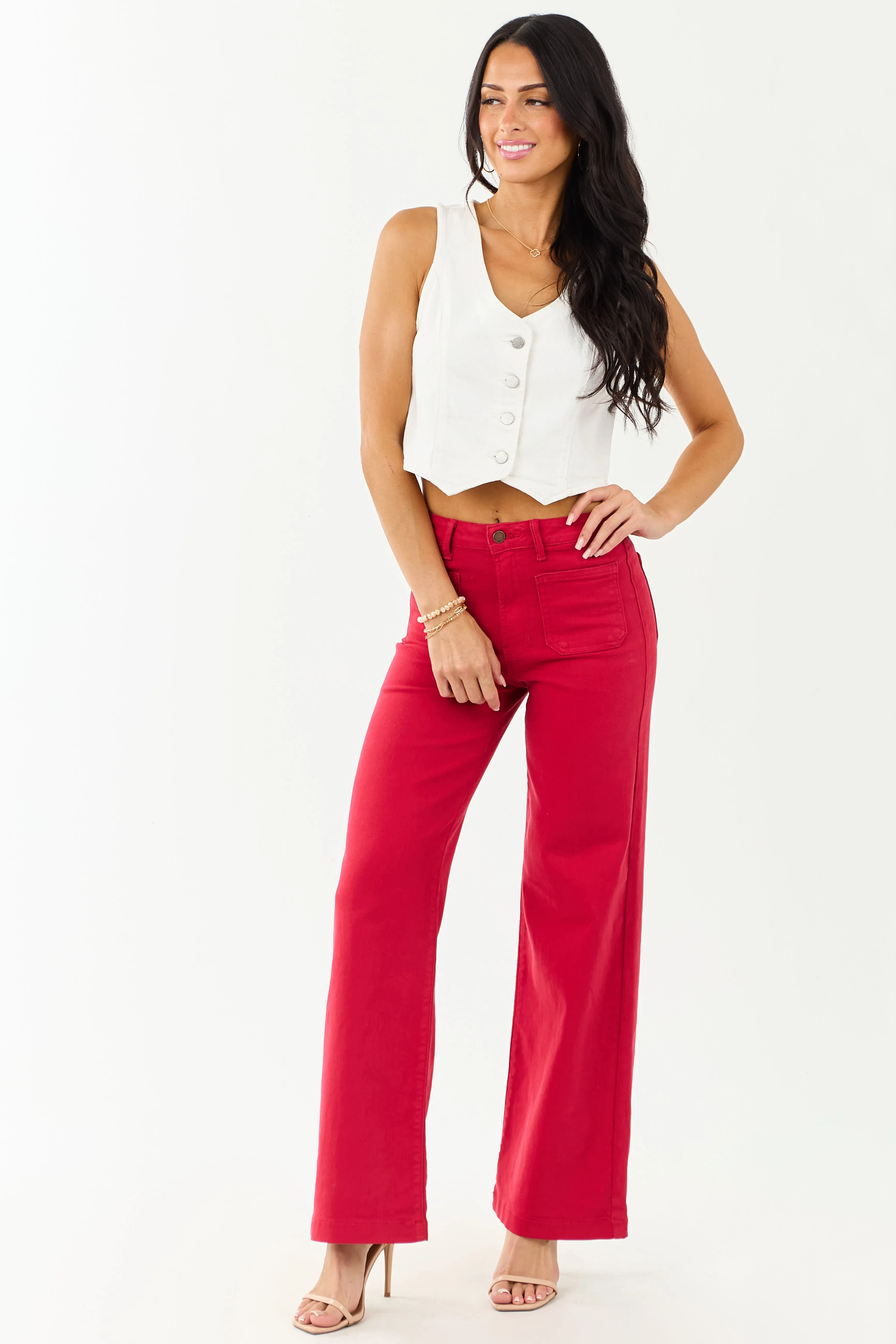 Ruby High Rise Patch Pocket Stretchy Wide Leg Jeans wrinkle free