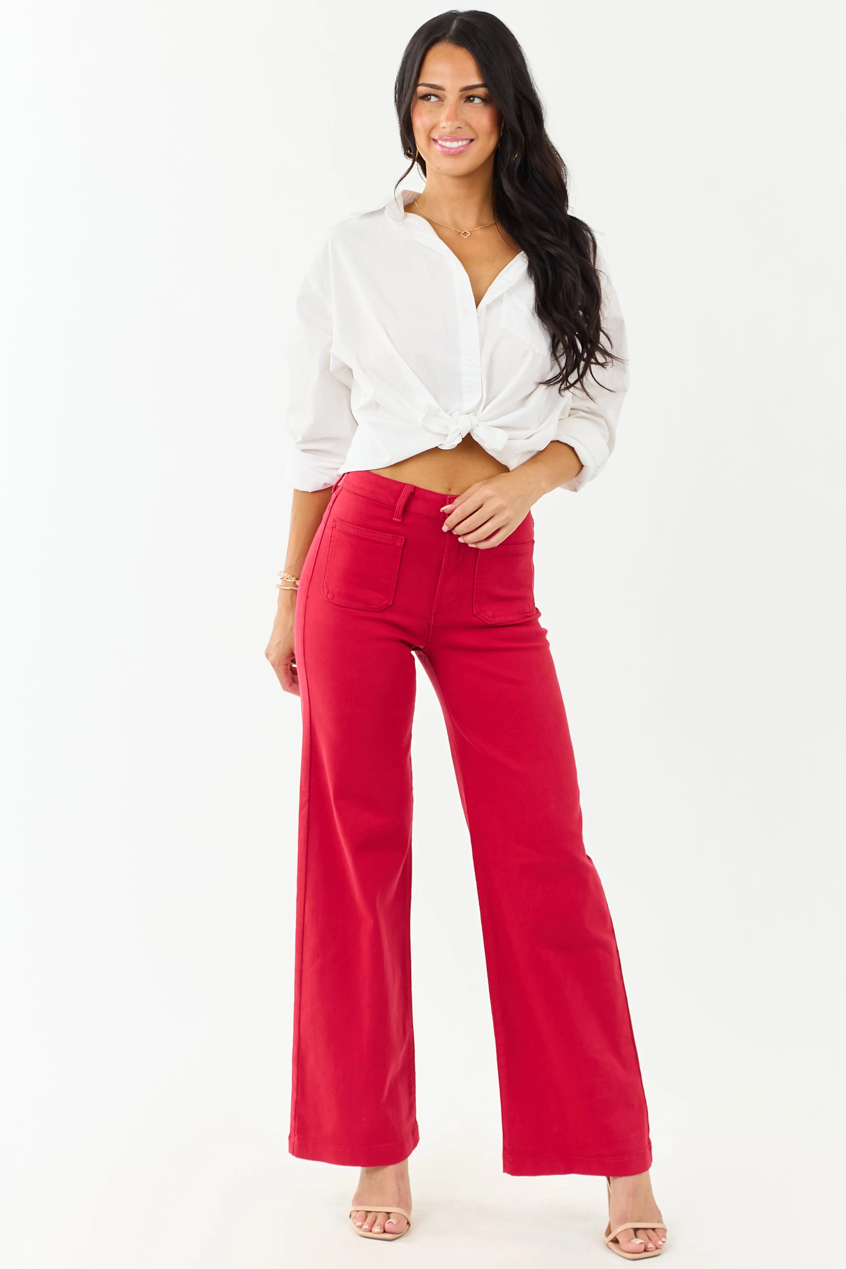 Ruby High Rise Patch Pocket Stretchy Wide Leg Jeans wrinkle free