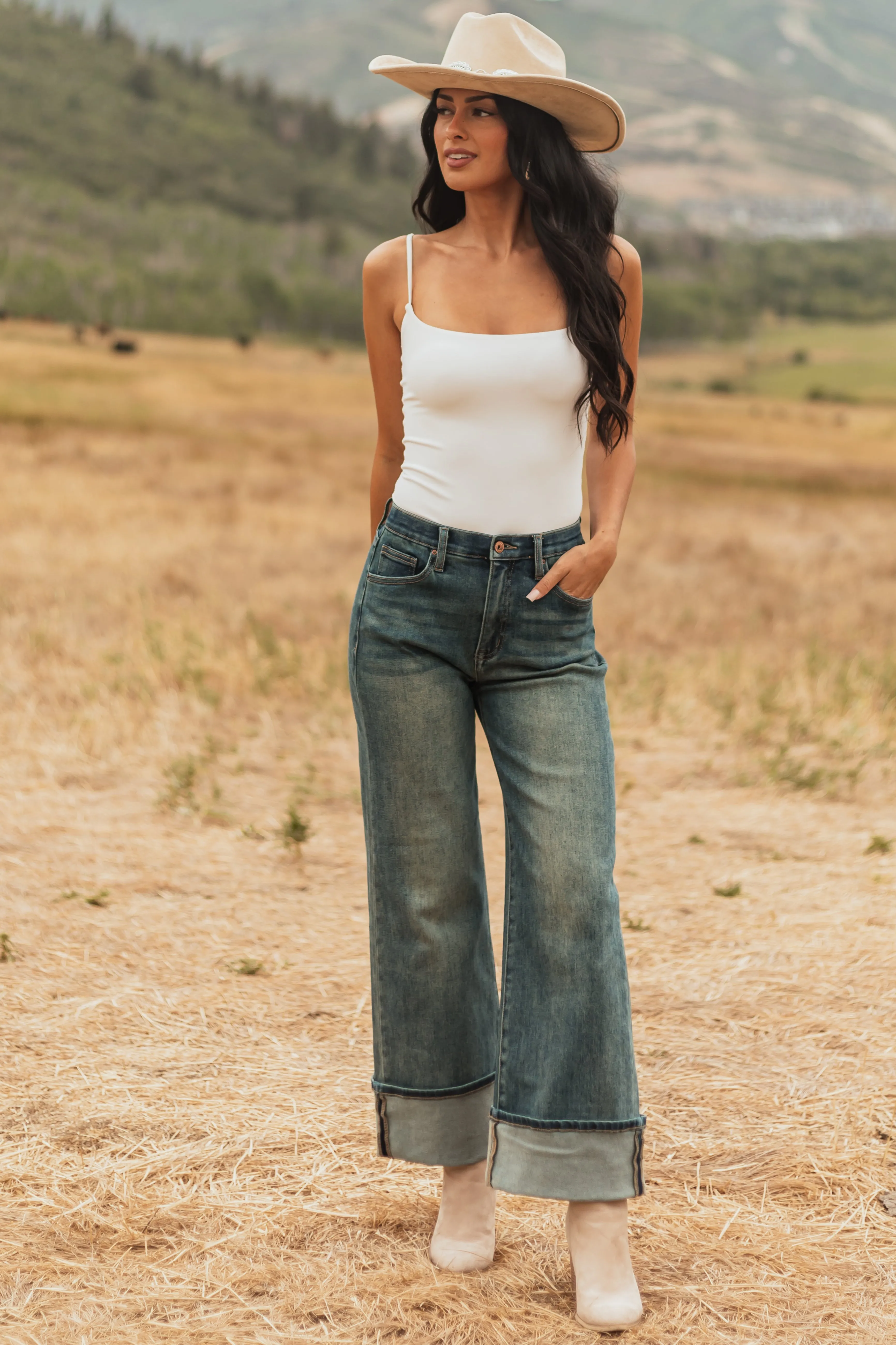 Saige Dark Vintage Tummy Control Stretchy Straight Jeans clean look