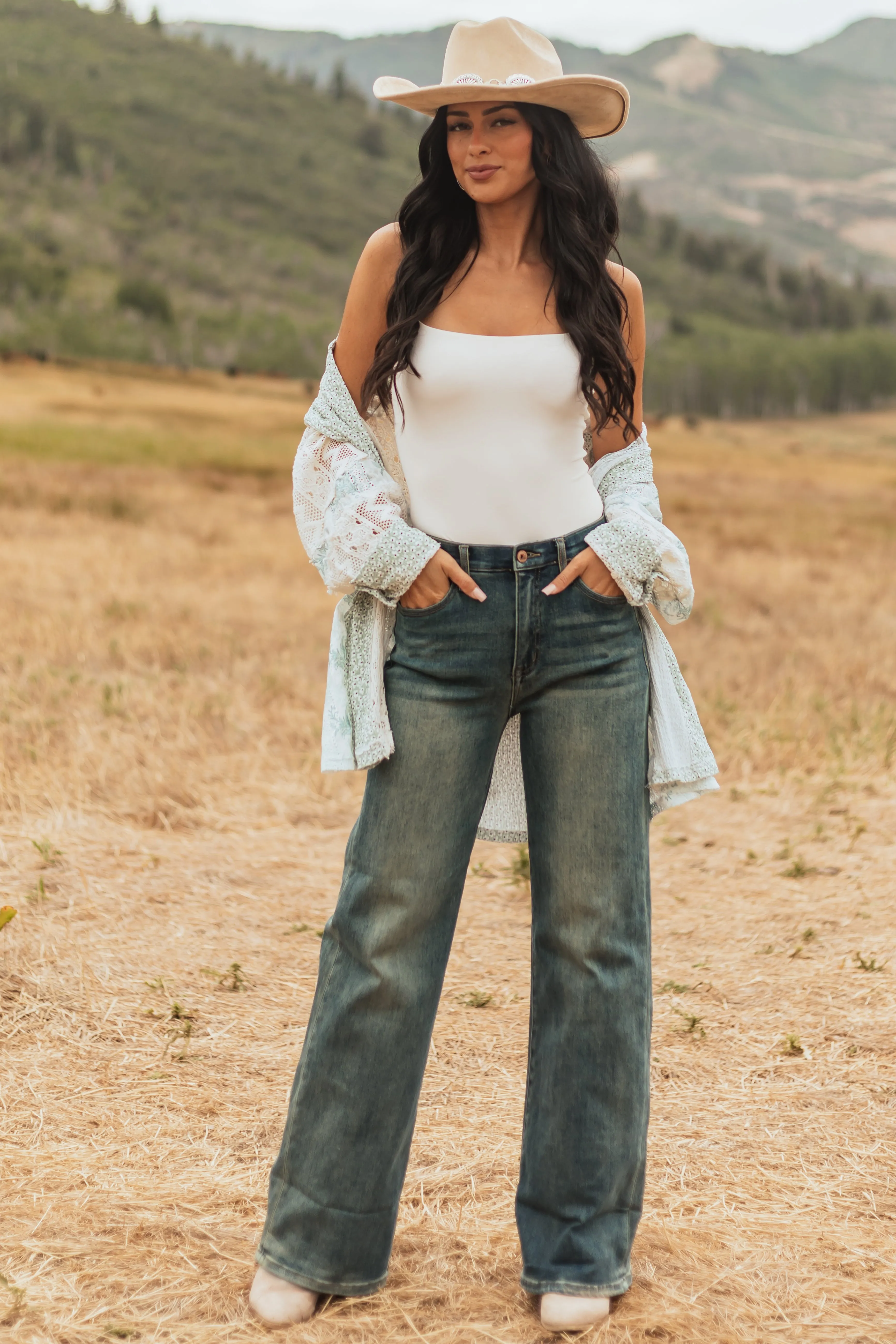 Saige Dark Vintage Tummy Control Stretchy Straight Jeans clean look