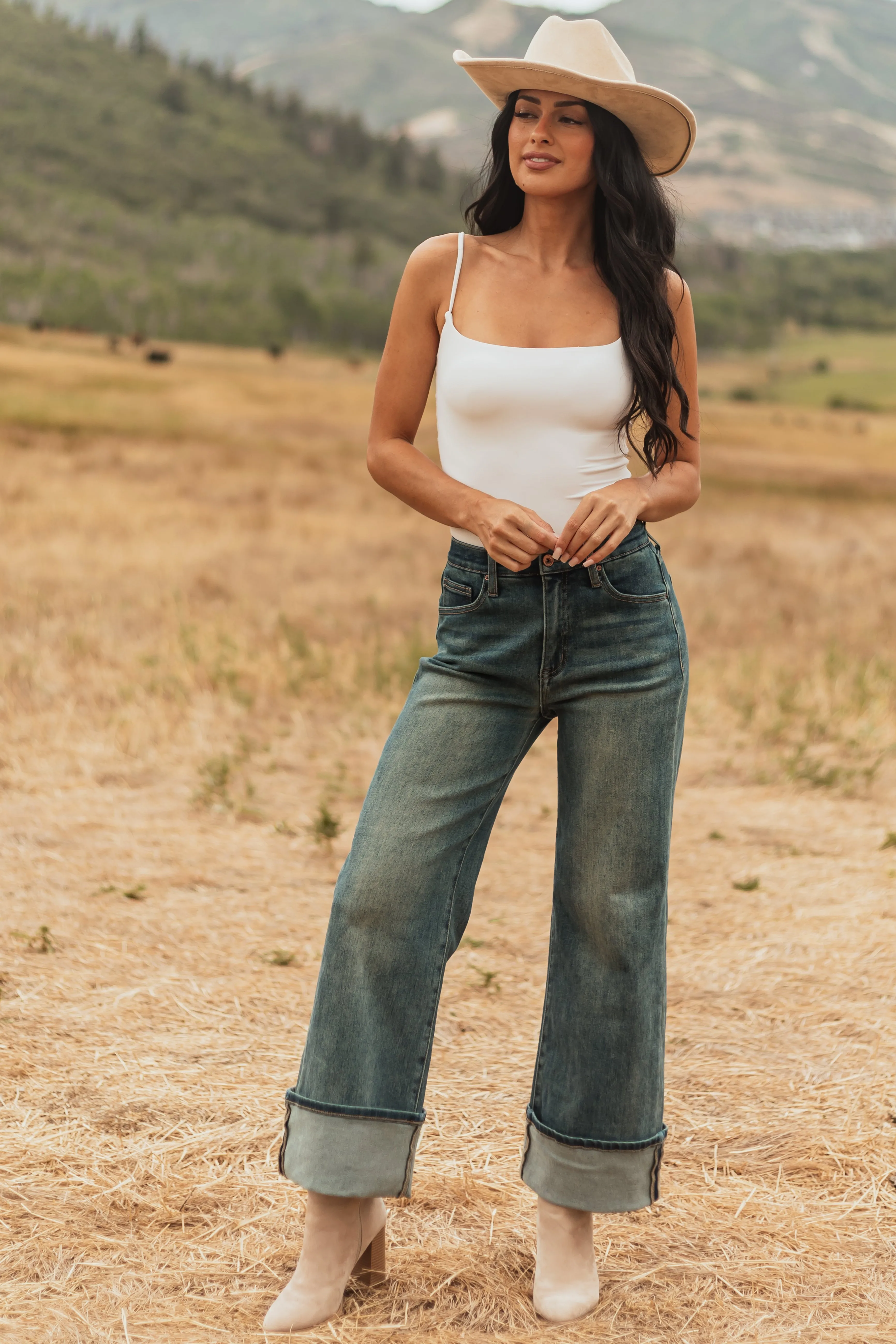 Saige Dark Vintage Tummy Control Stretchy Straight Jeans clean look