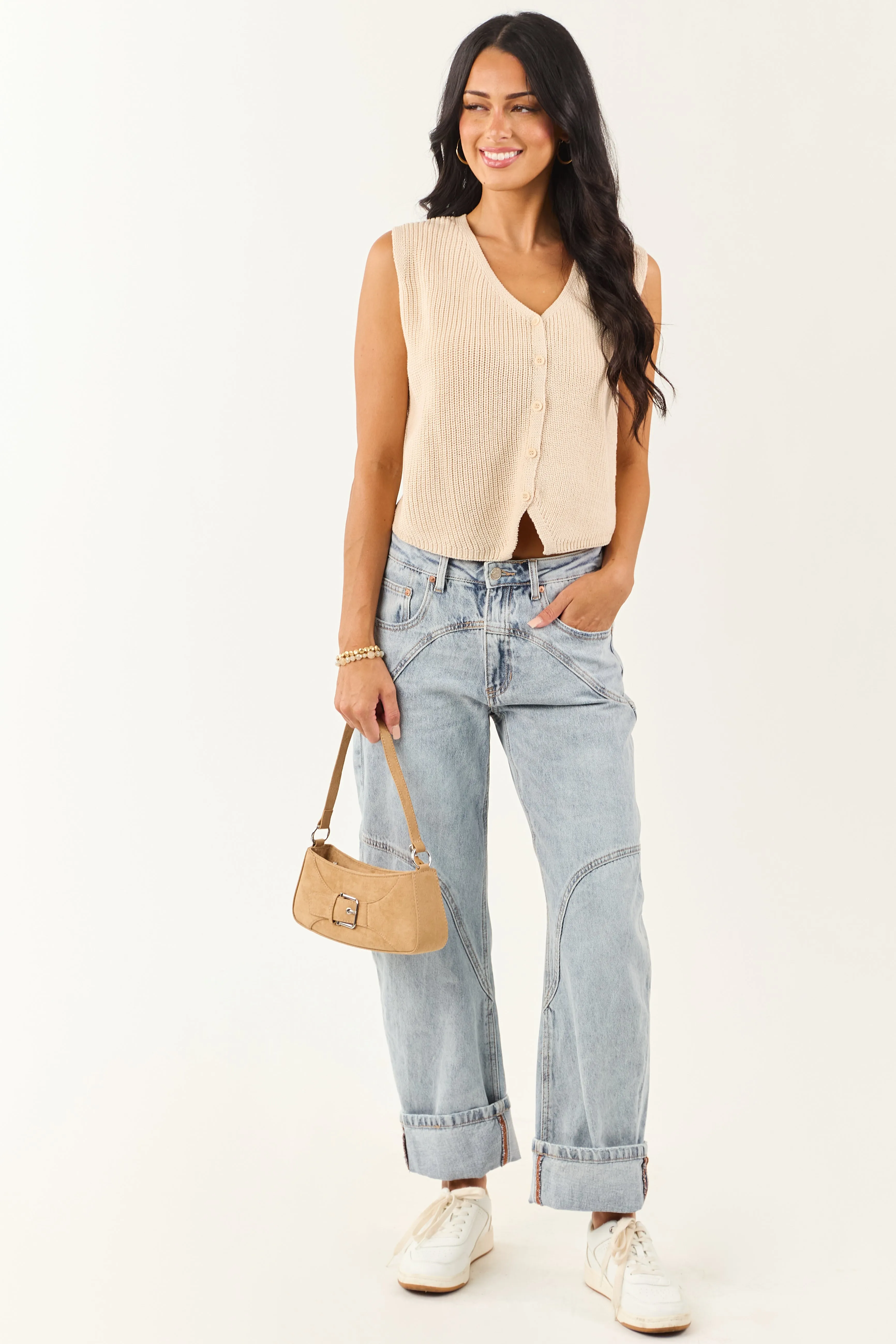 Saige Light Wash High Rise Cuffed Barrel Jeans youth choice