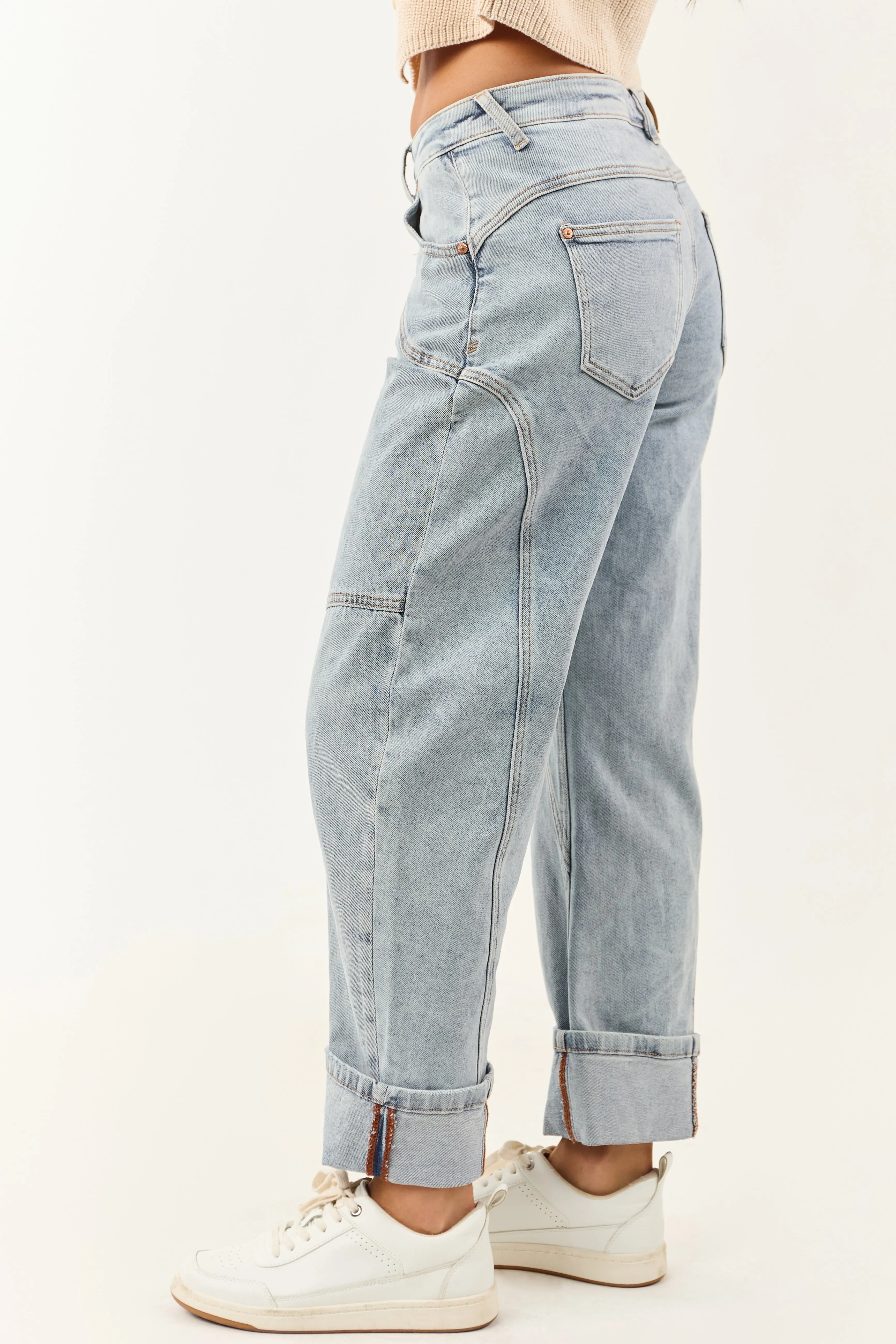 Saige Light Wash High Rise Cuffed Barrel Jeans youth choice