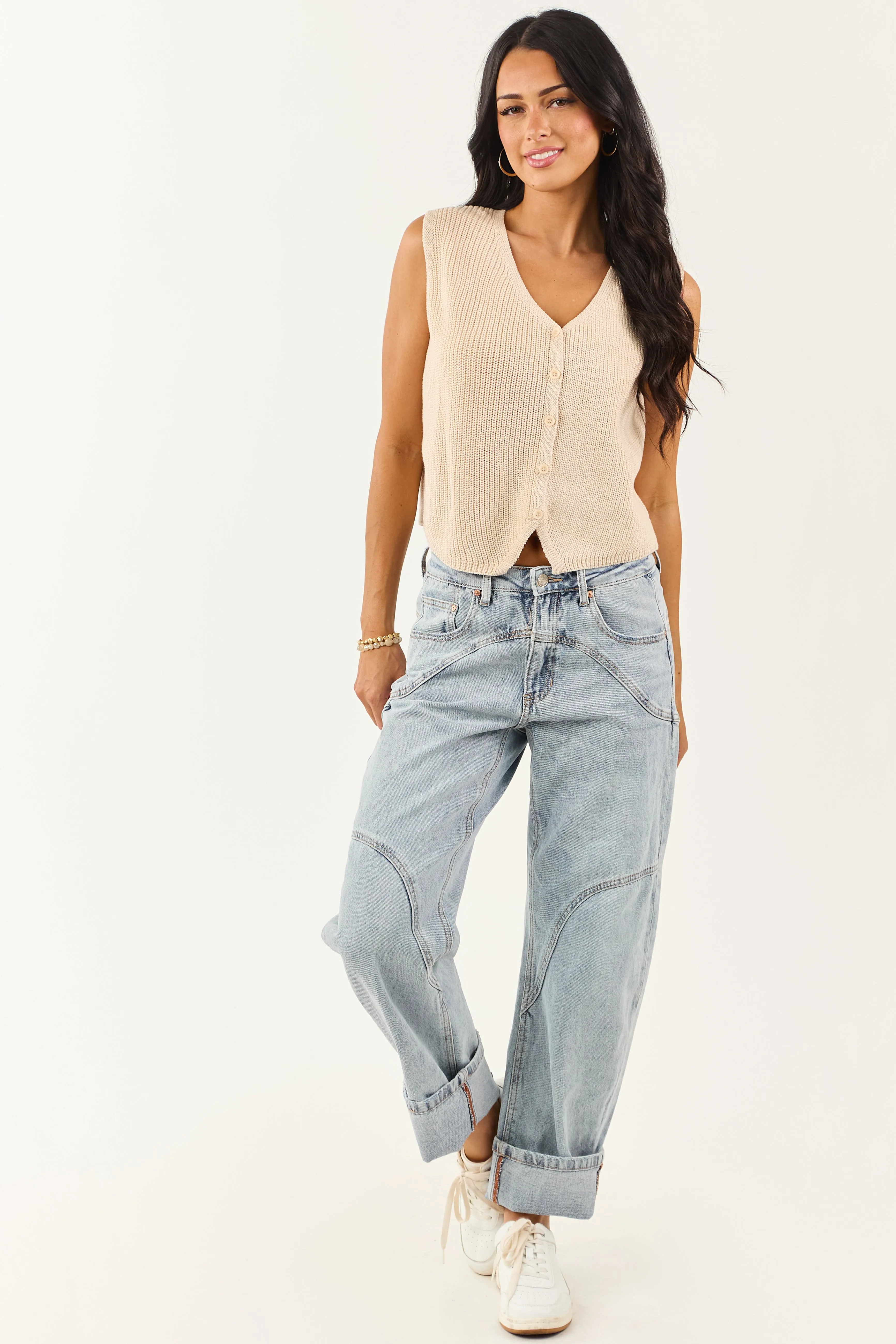 Saige Light Wash High Rise Cuffed Barrel Jeans youth choice