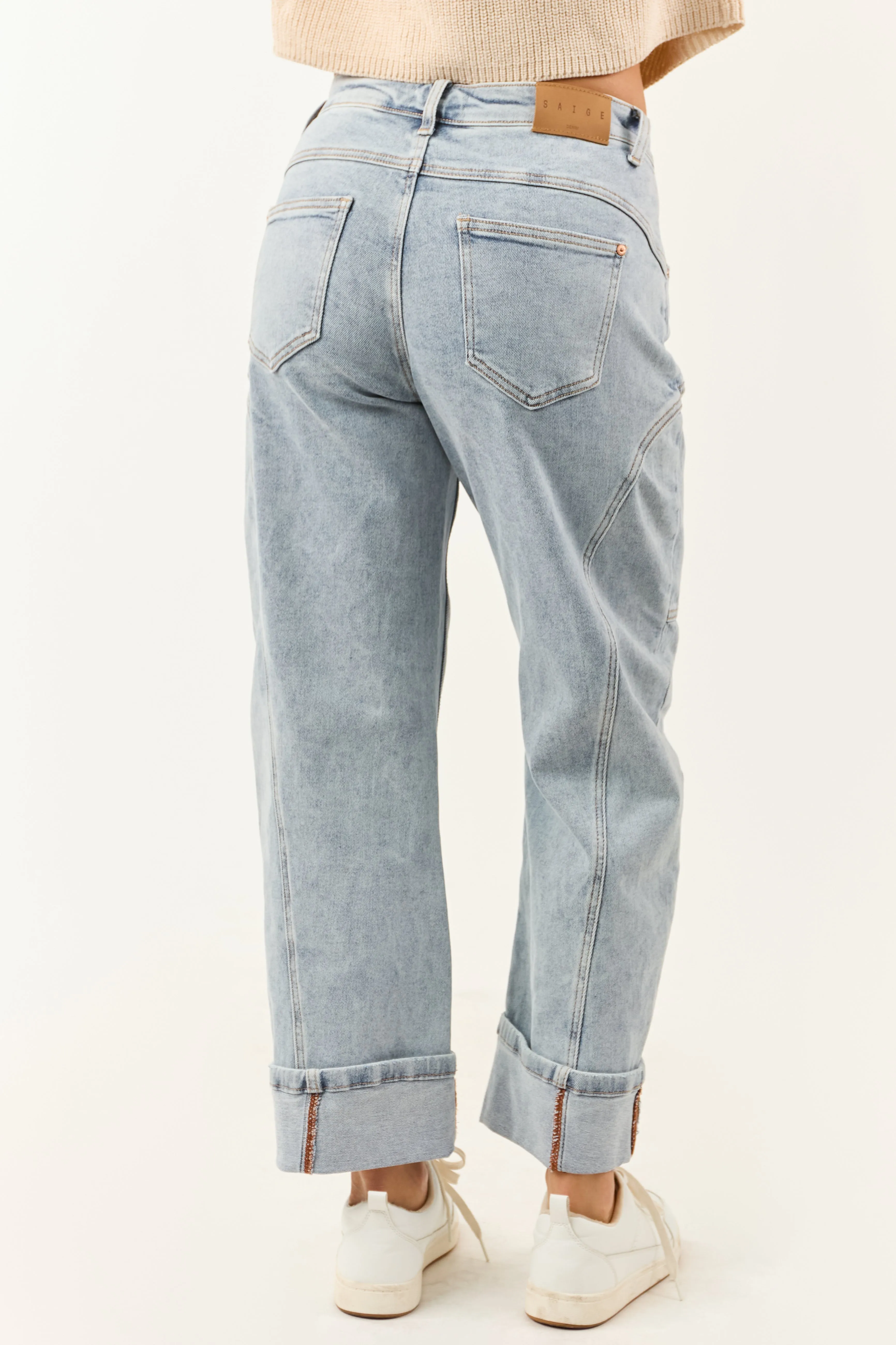 Saige Light Wash High Rise Cuffed Barrel Jeans youth choice